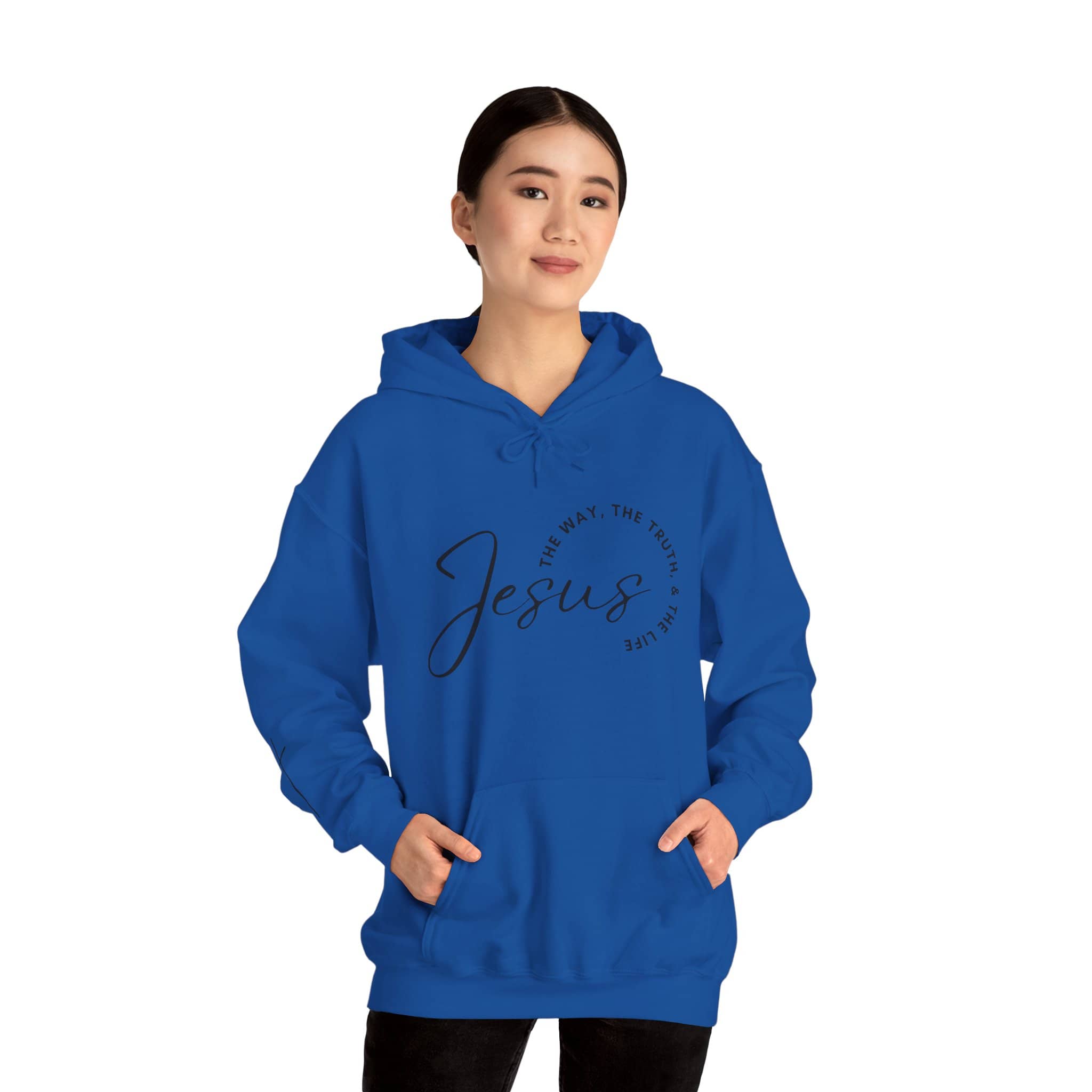 Blue Jesus: The Way, The Truth, The Life hoodie with a front pocket and comfortable fit