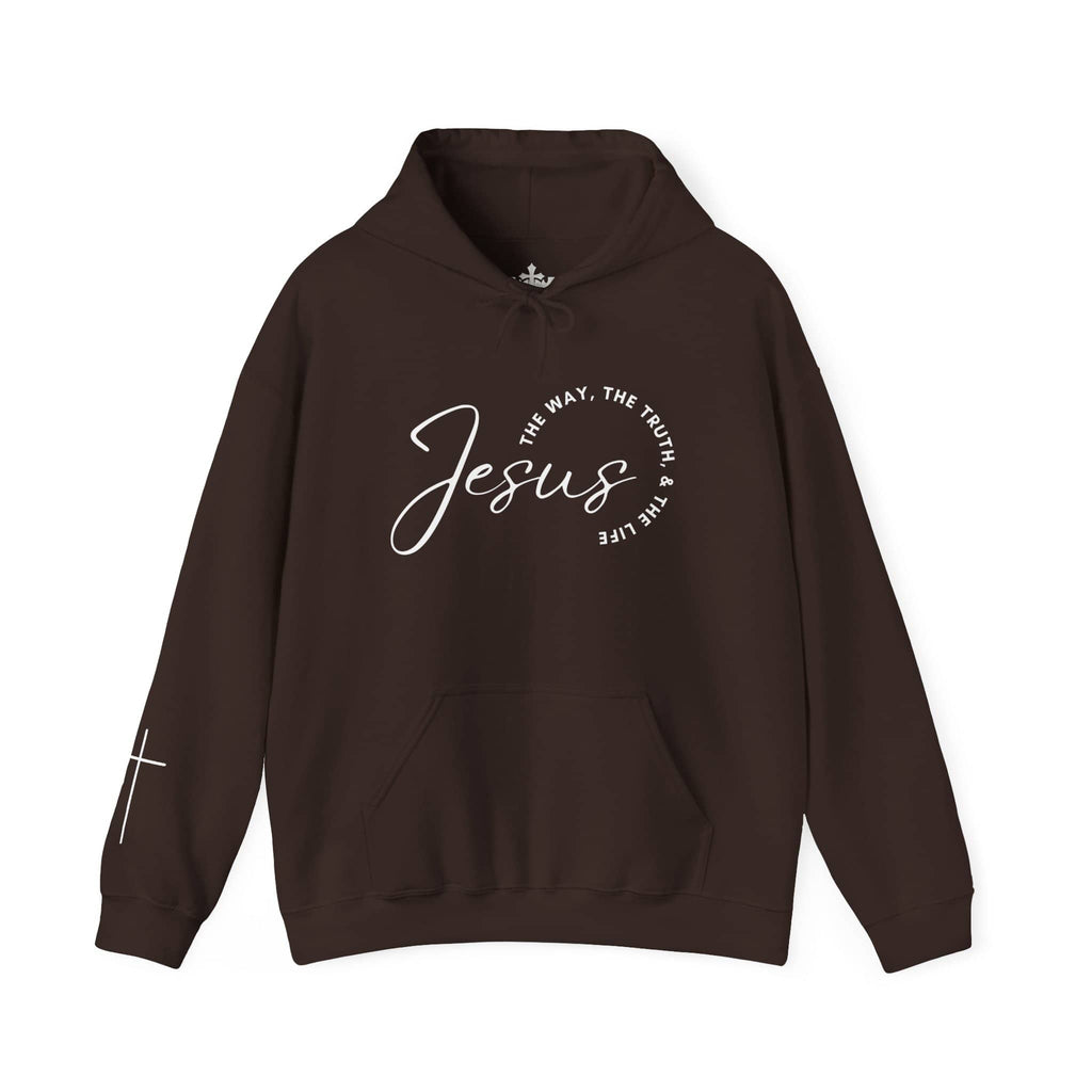 Jesus: The Way, The Truth, The Life hoodie in brown featuring stylish script design