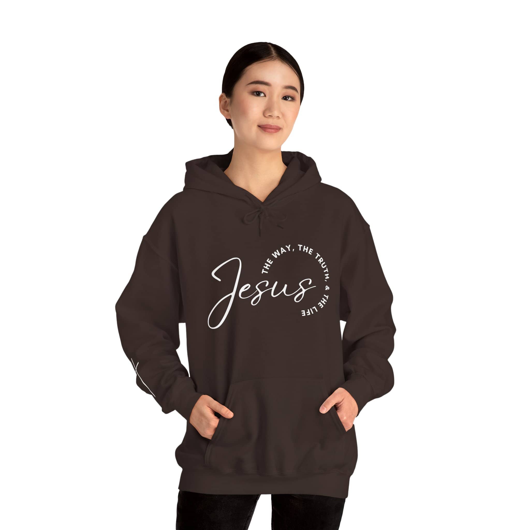 Jesus: The Way, The Truth, The Life hoodie in black featuring a stylish script design.