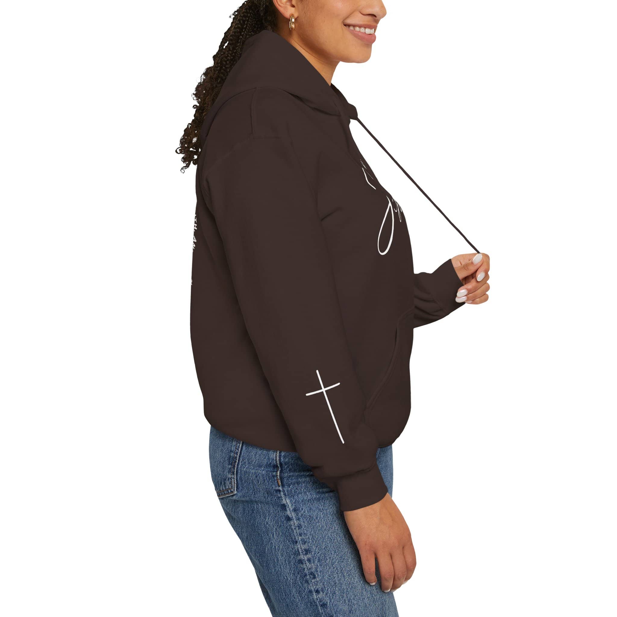 Side view of Jesus: The Way, The Truth, The Life hoodie in dark brown with a stylish design