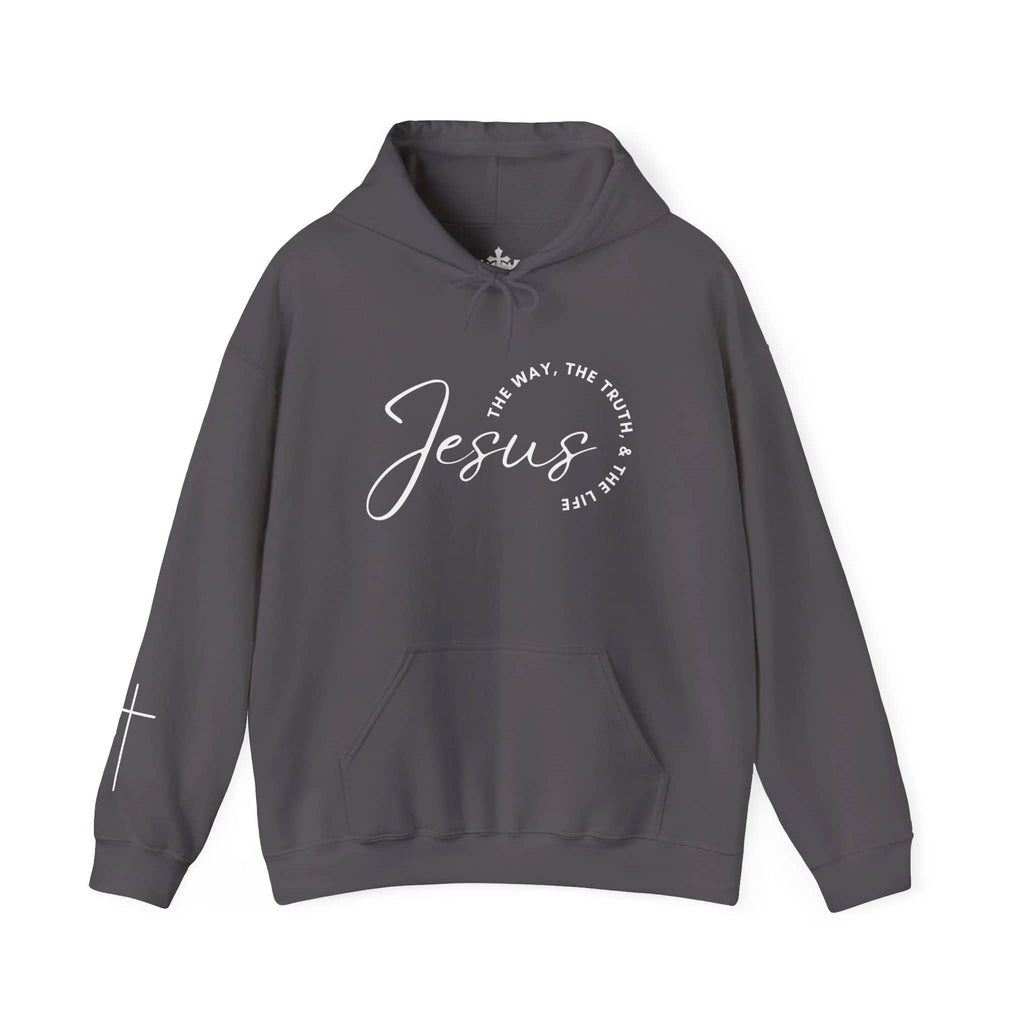 Jesus: The Way, The Truth, The Life hoodie in dark gray with front pocket and elegant text design