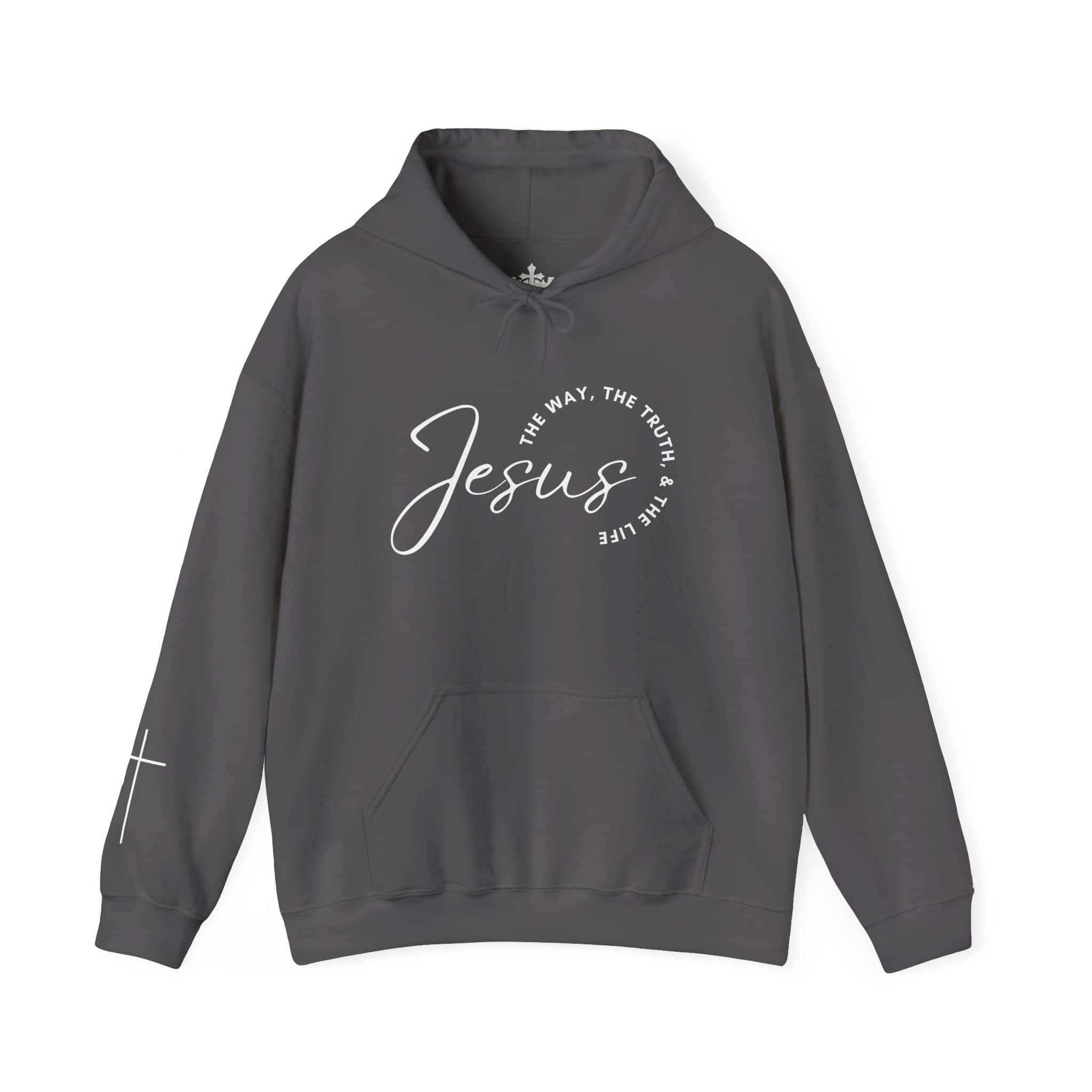 Jesus: The Way, The Truth, The Life hoodie in dark gray with front pocket and elegant text design