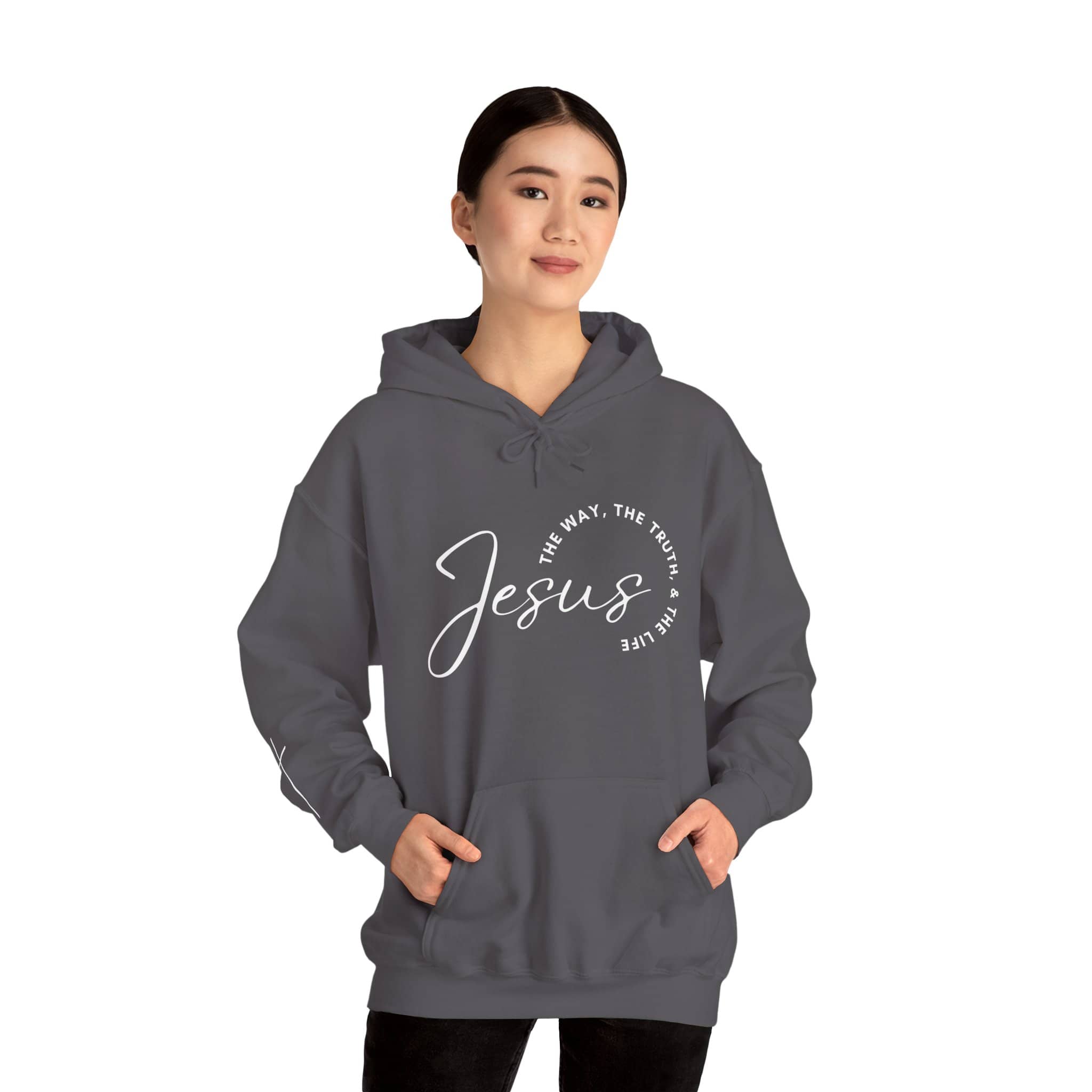 Jesus: The Way, The Truth, The Life hoodie in dark gray with front pocket and stylish design