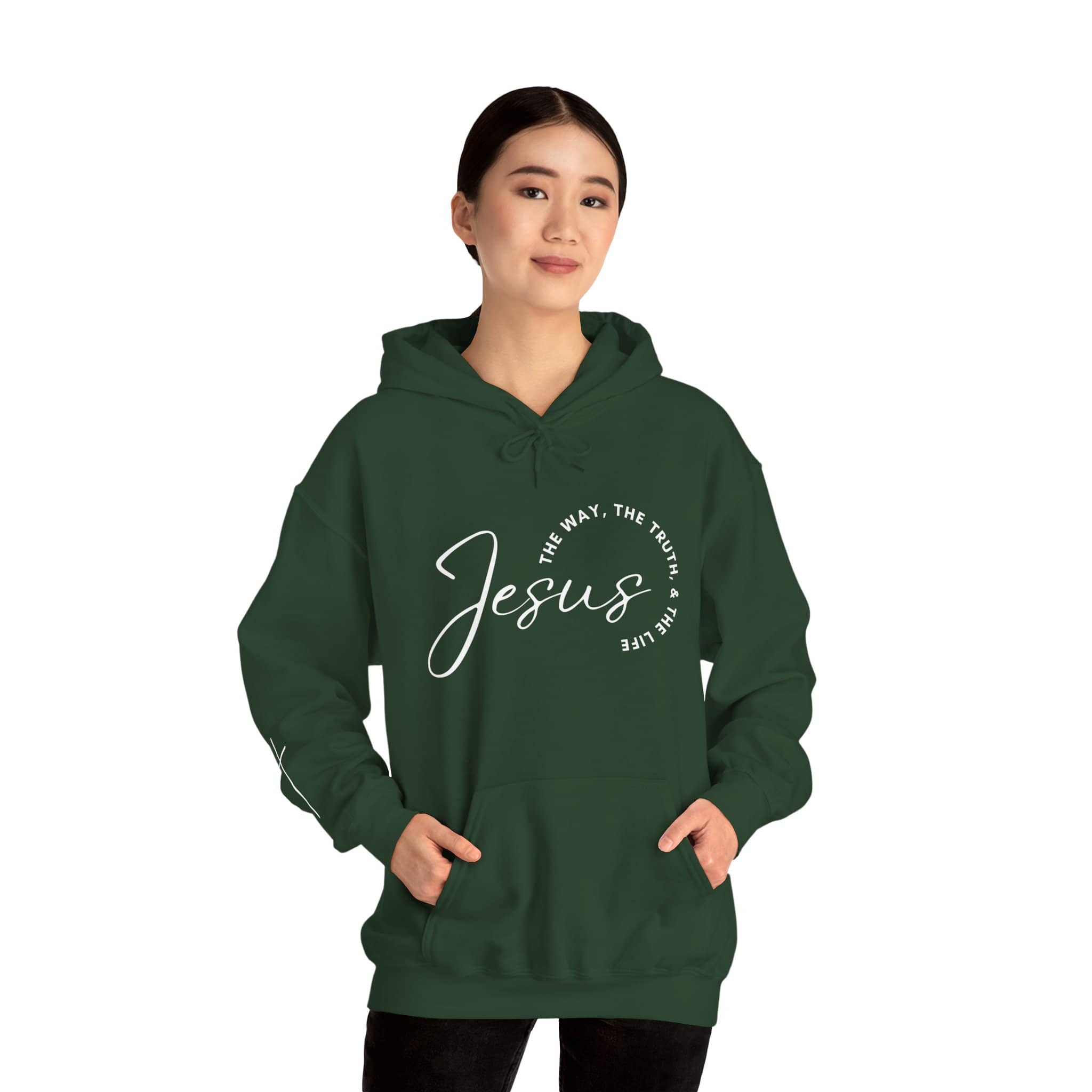 Green Jesus: The Way, The Truth, The Life hoodie featuring stylish cursive text design