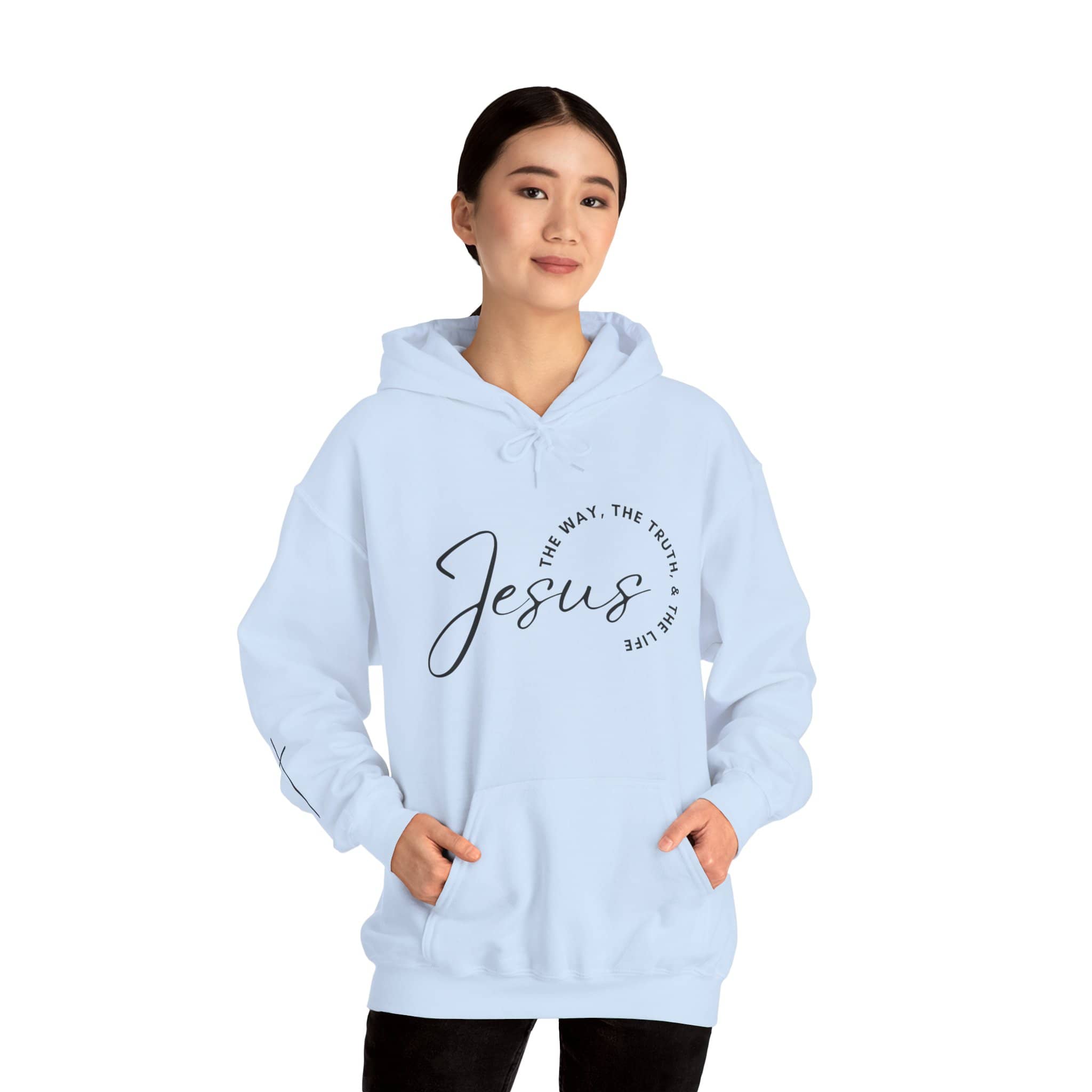 Light blue Jesus: The Way, The Truth, The Life hoodie with a front pocket and stylish design