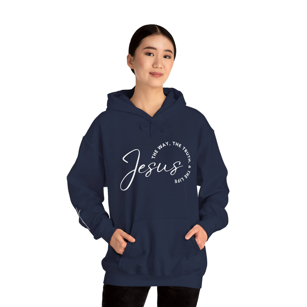 Navy Jesus: The Way, The Truth, The Life hoodie with text design and spacious front pockets