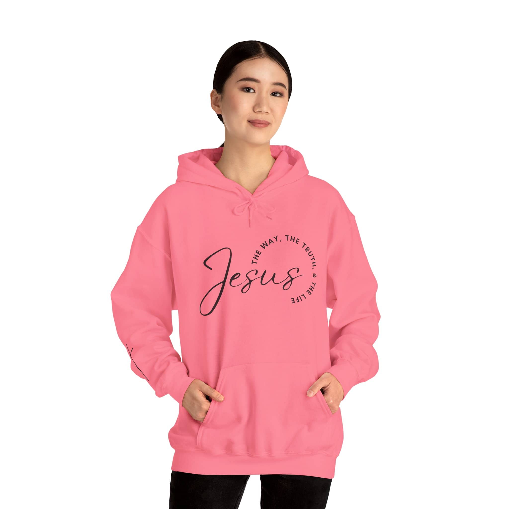Pink Jesus: The Way, The Truth, The Life hoodie with a cozy fit and spacious front pocket