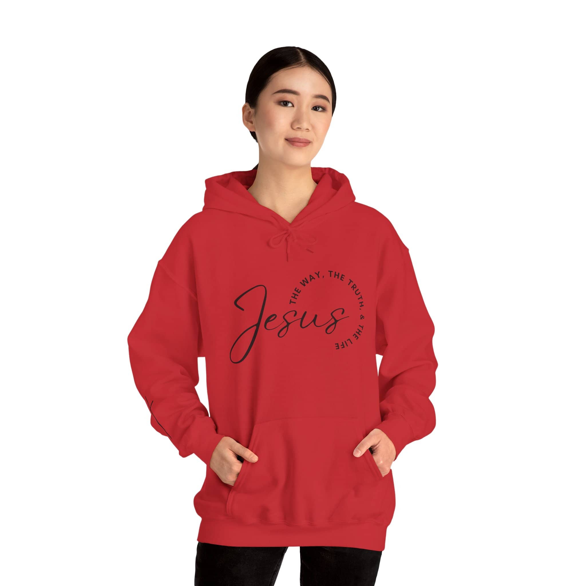 Red Jesus: The Way, The Truth, The Life hoodie featuring a stylish design and spacious front pocket