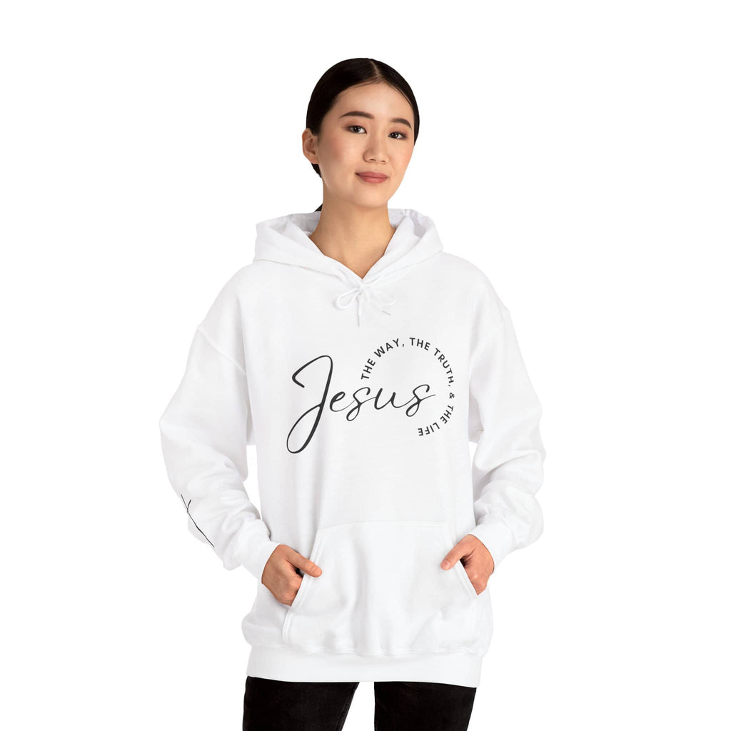 Jesus: The Way, The Truth, The Life hoodie in white with a stylish script design