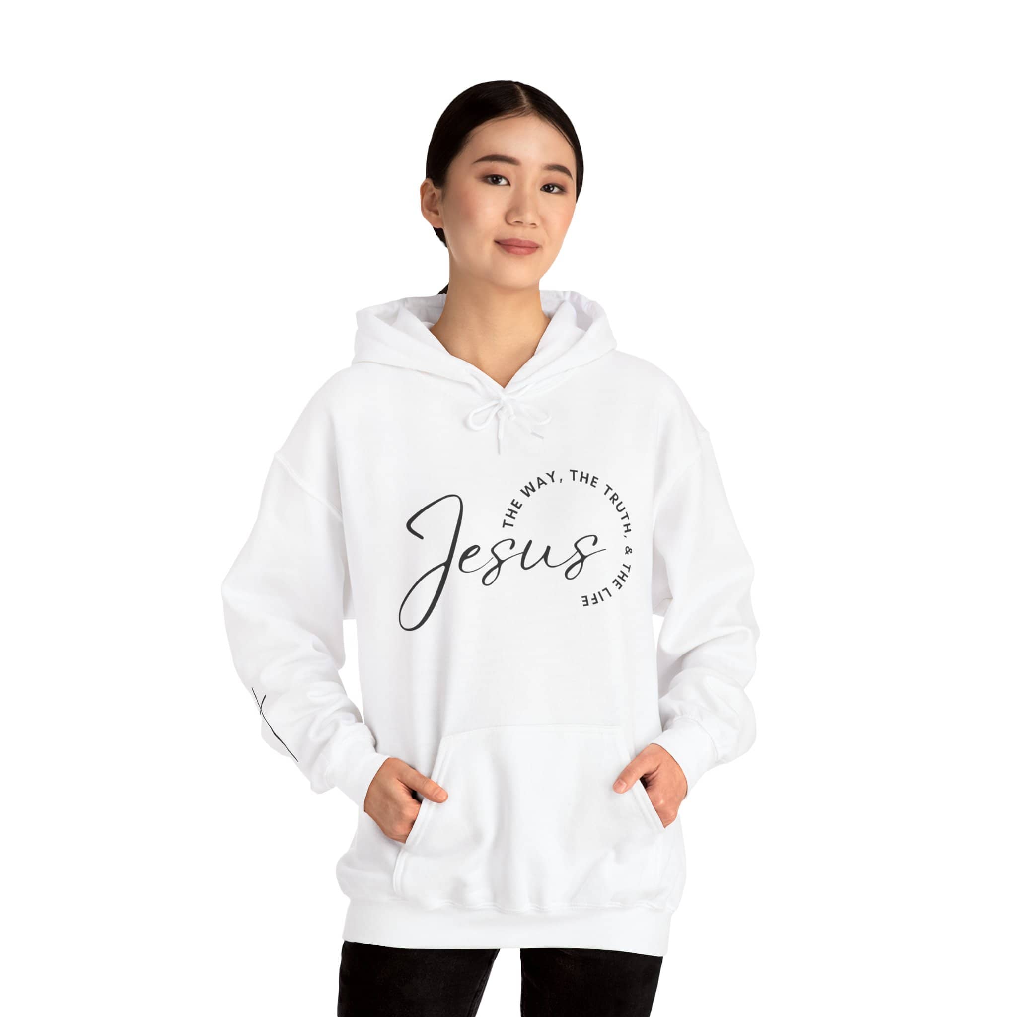 Jesus: The Way, The Truth, The Life hoodie in white with a stylish script design