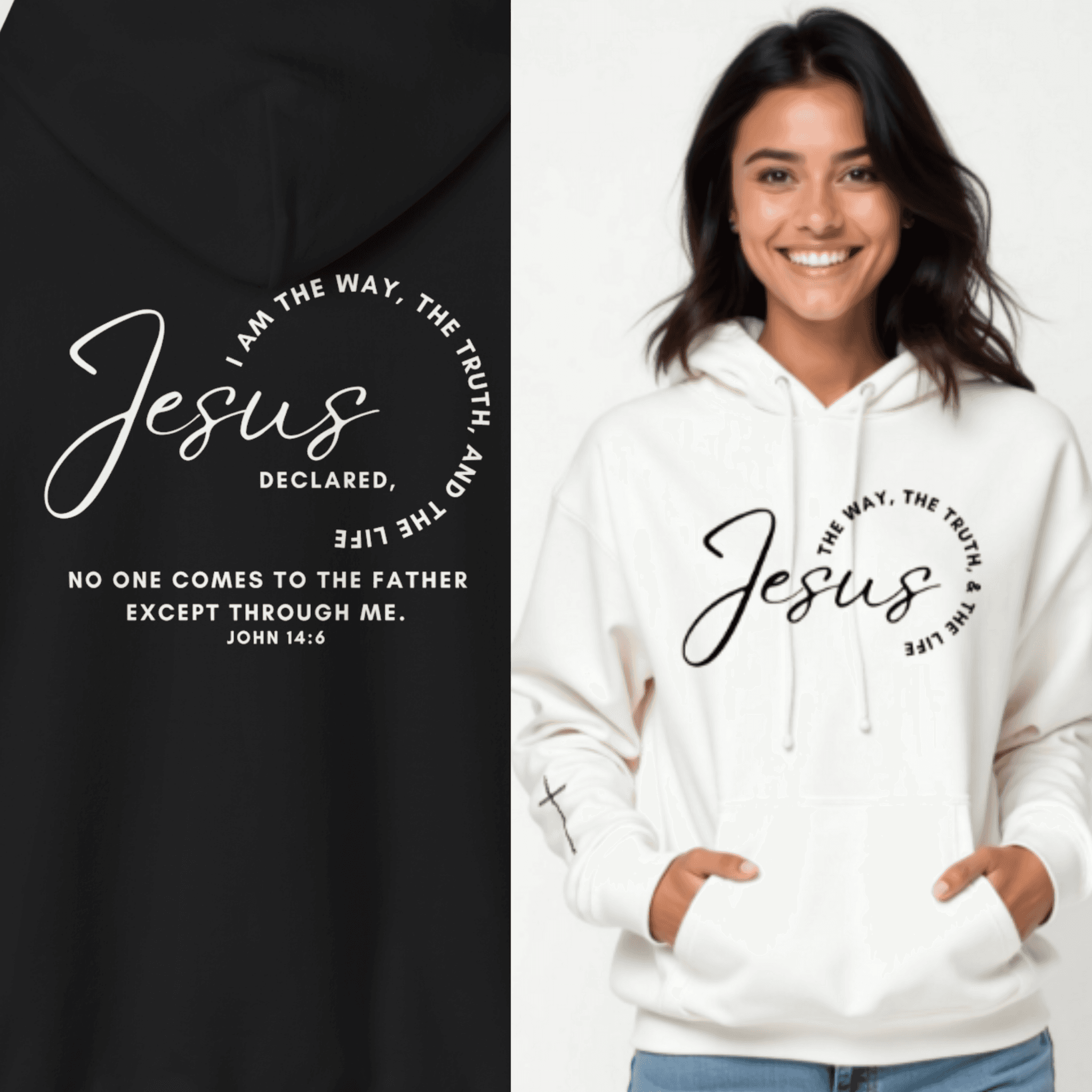Jesus: The Way, The Truth, The Life hoodie in white featuring inspirational text and comfortable fabric