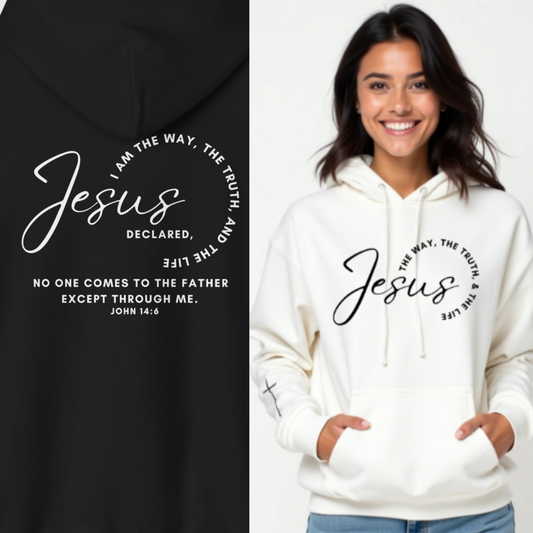 Jesus: The Way, The Truth, The Life hoodie in white featuring inspirational text and comfortable fabric