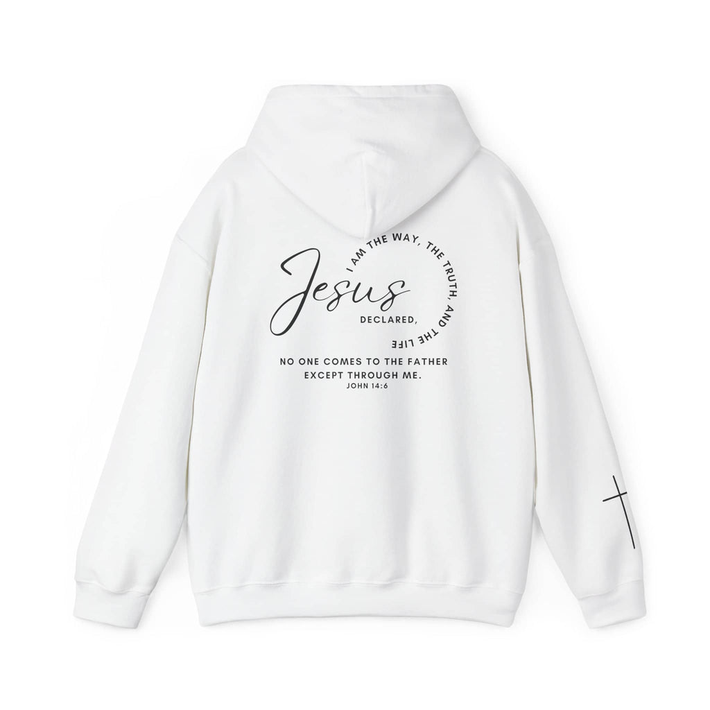 Jesus: The Way, The Truth, The Life hoodie in white with scripture design on the back