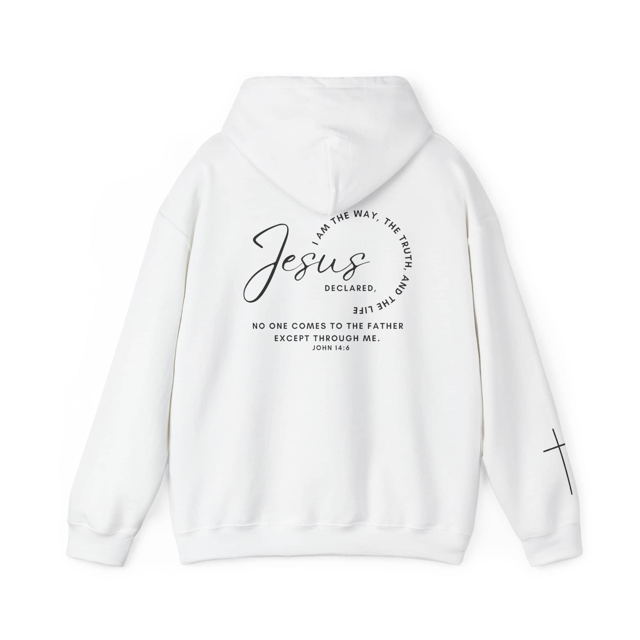 Jesus: The Way, The Truth, The Life hoodie in white with scripture design on the back