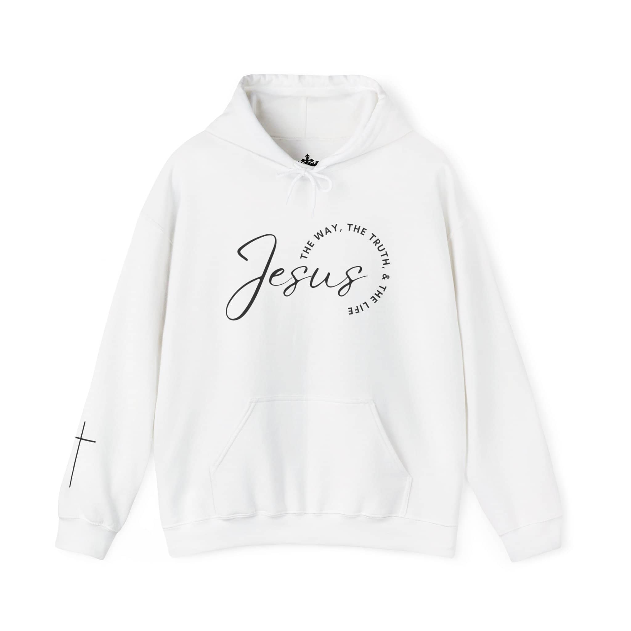White Jesus: The Way, The Truth, The Life hoodie with stylish script and cross detail