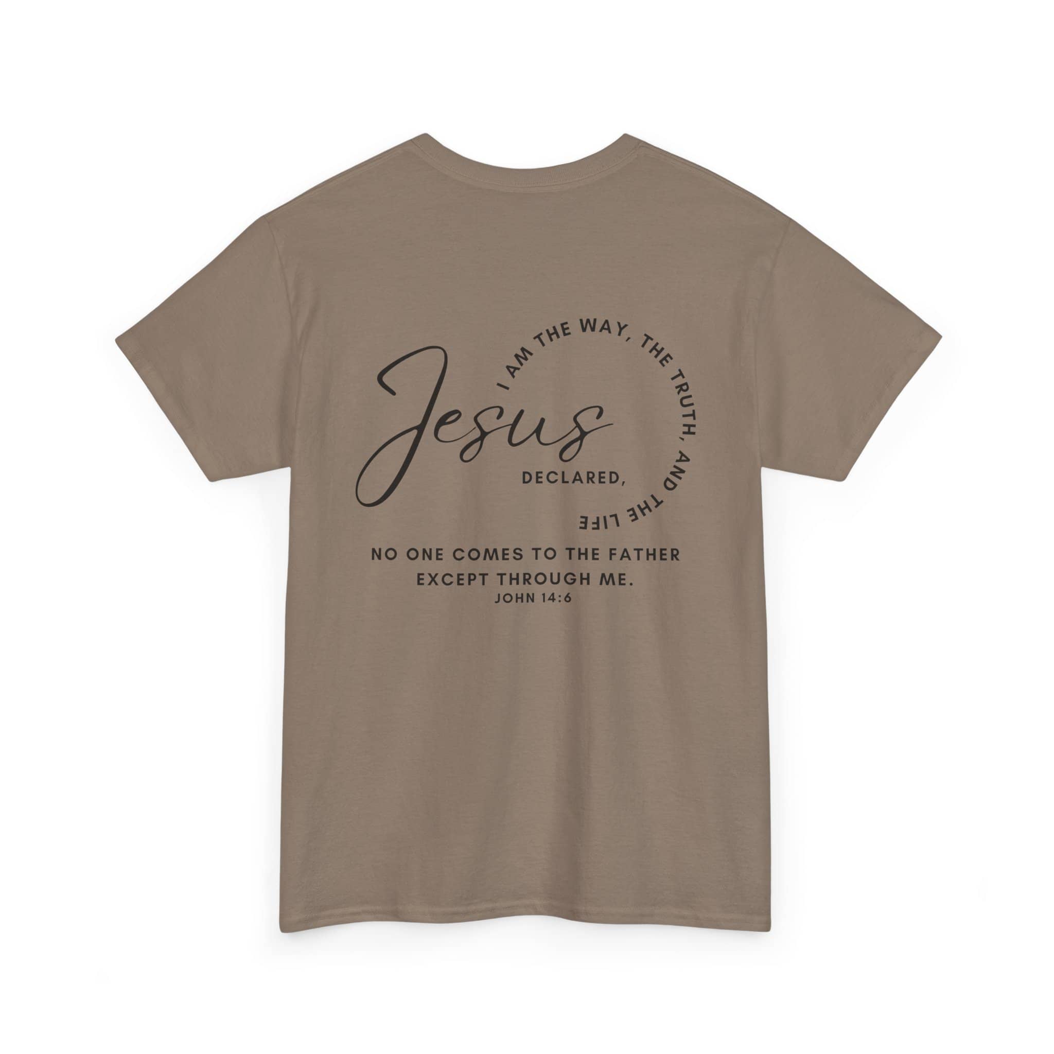 Jesus the Way the Truth the Life shirt featuring a script design with a Bible verse on the back