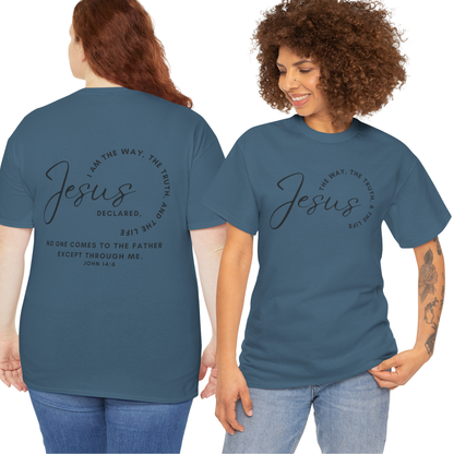 Jesus the Way the Truth the Life shirt in blue featuring a biblical quote on the back