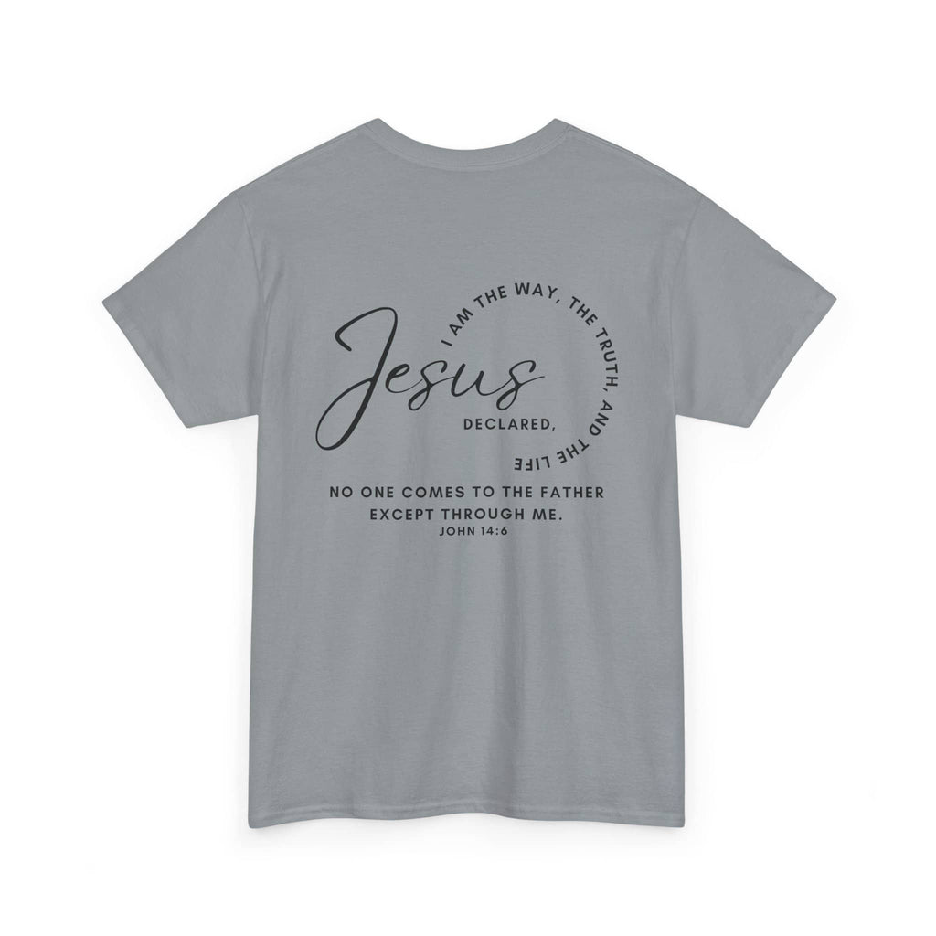 Light gray Jesus the Way the Truth the Life shirt featuring a biblical quote on the back