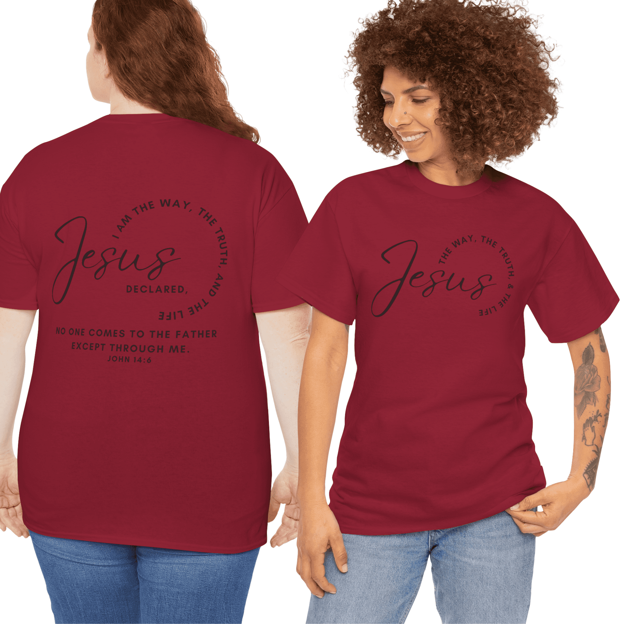 Jesus the Way the Truth the Life shirt in maroon featuring inspirational text and a relaxed fit