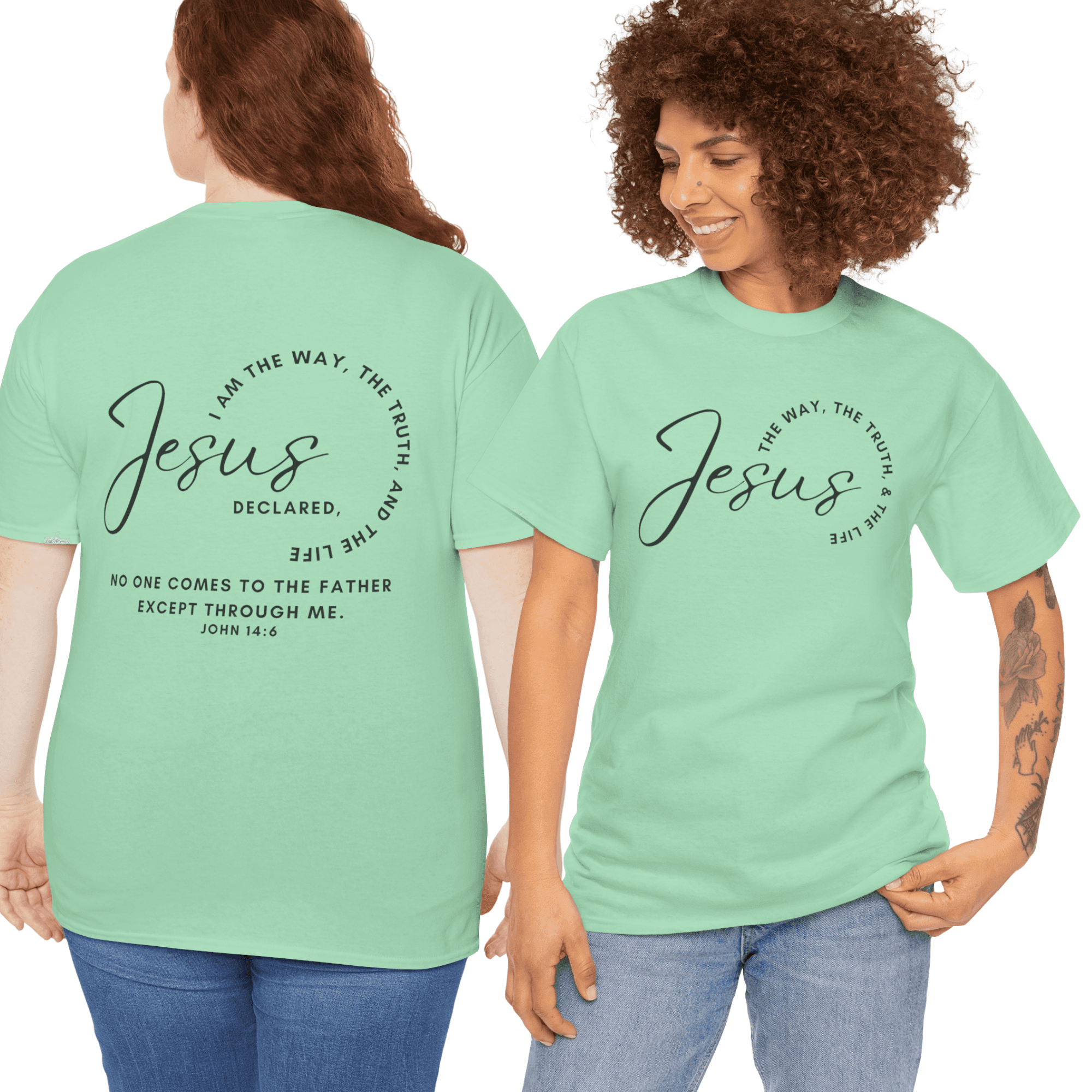 Jesus the Way the Truth the Life shirt in mint green featuring inspirational text on the front and back