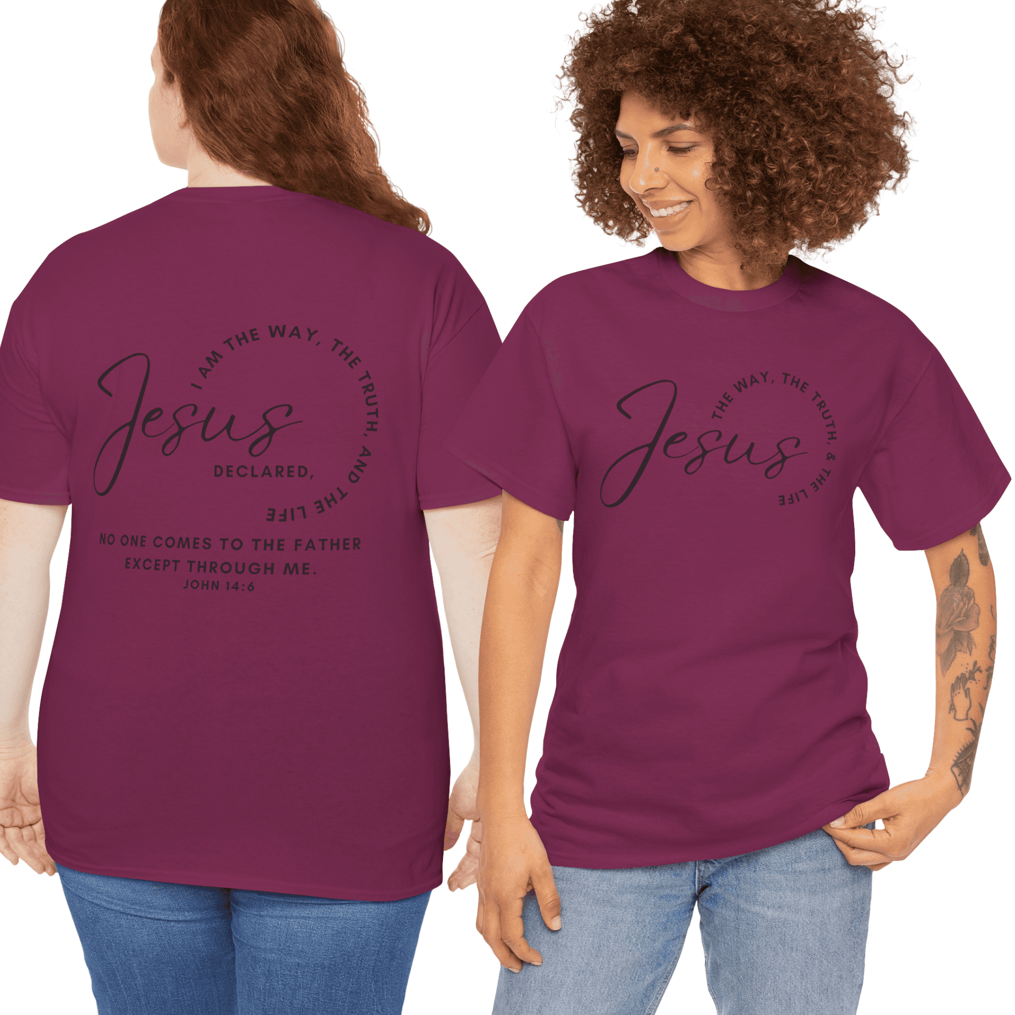 Maroon Jesus the Way the Truth the Life shirt with inspirational text on front and back for spiritual wear