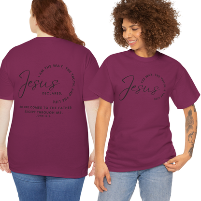 Maroon Jesus the Way the Truth the Life shirt with inspirational text on front and back for spiritual wear