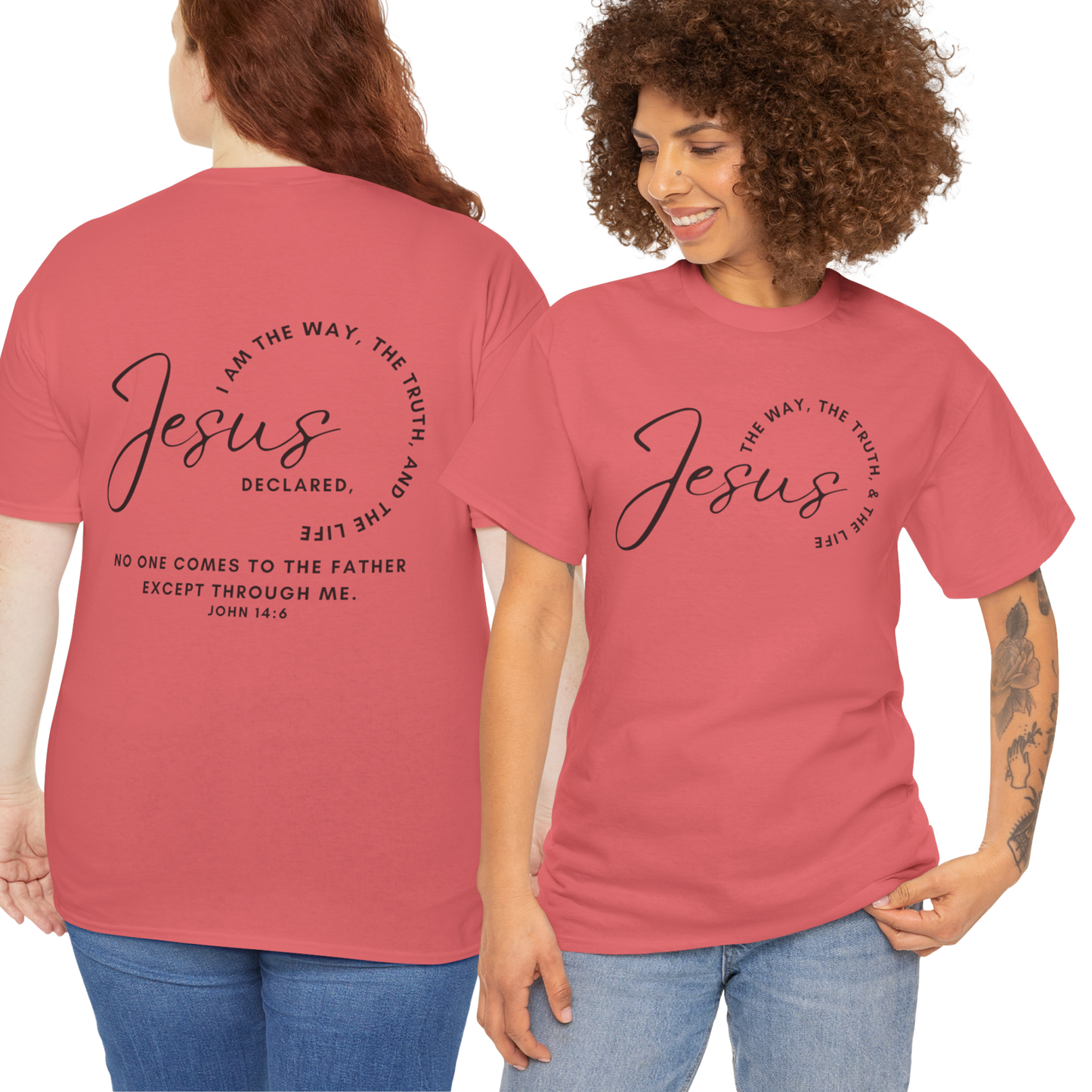 Jesus the Way the Truth the Life shirt in coral with inspirational text for faith-based fashion