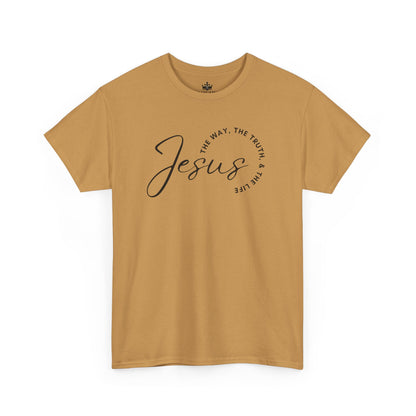 Jesus the Way the Truth the Life shirt in mustard color with trendy script design