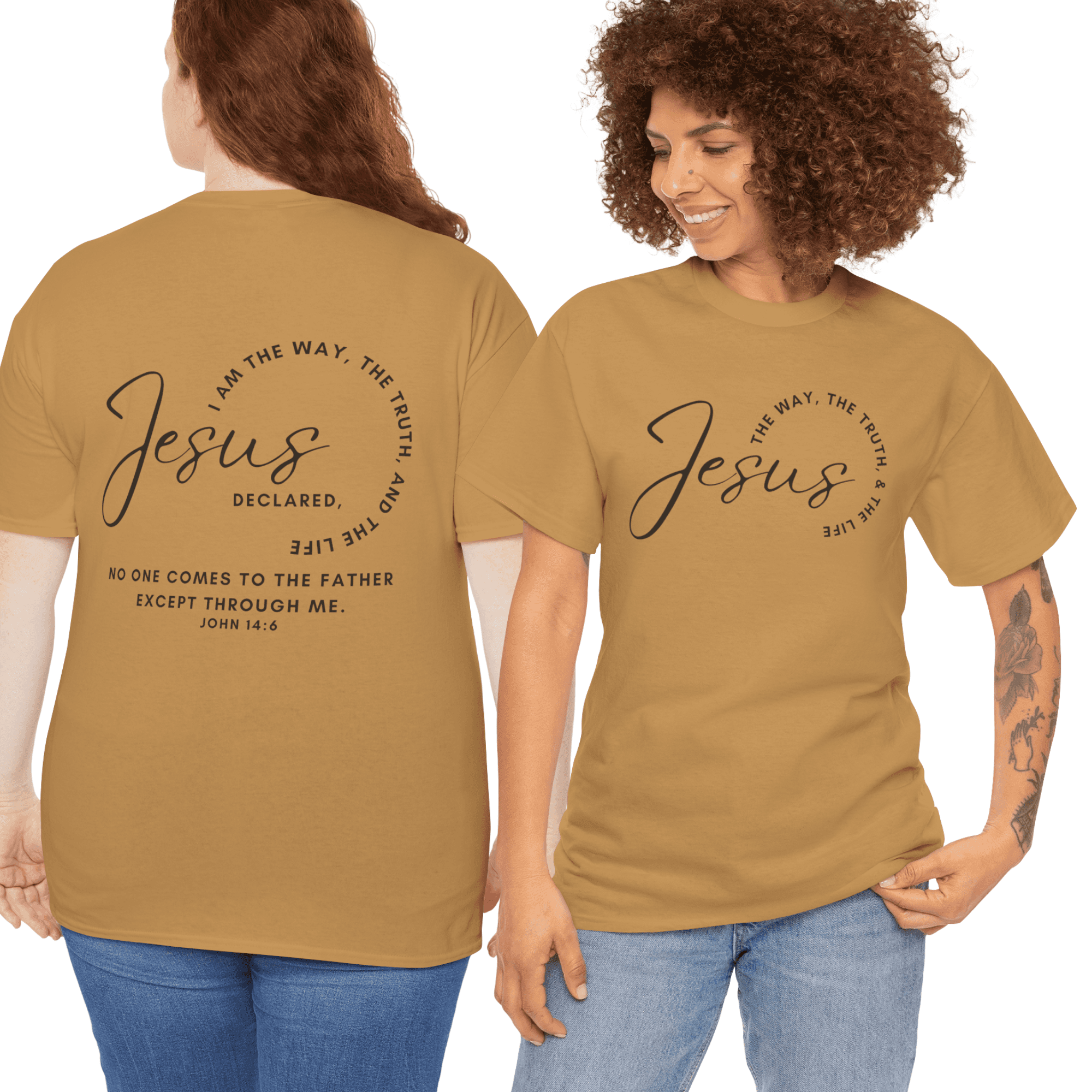 Jesus the Way the Truth the Life shirt in gold with inspirational text on front and back