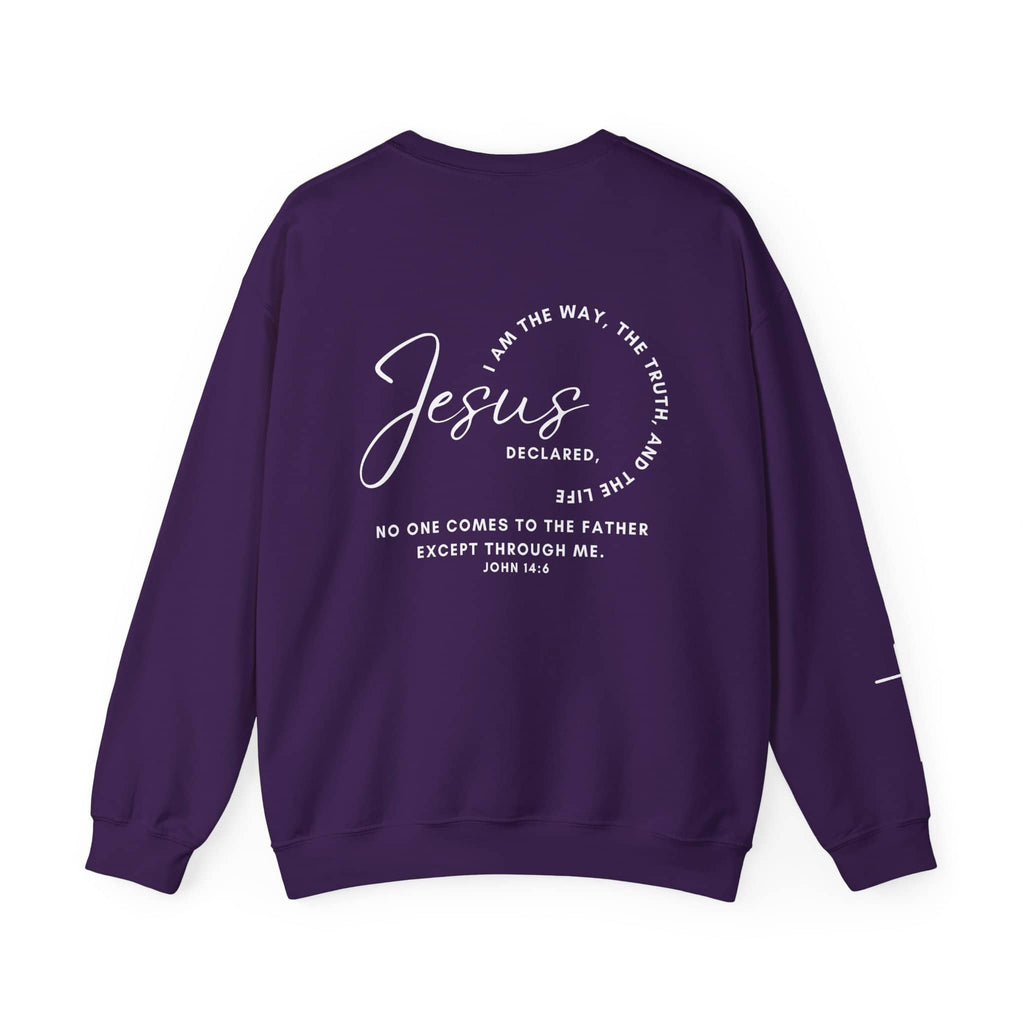 Purple Jesus: the Way, the Truth, the Life sweatshirt with inspirational quote on the back