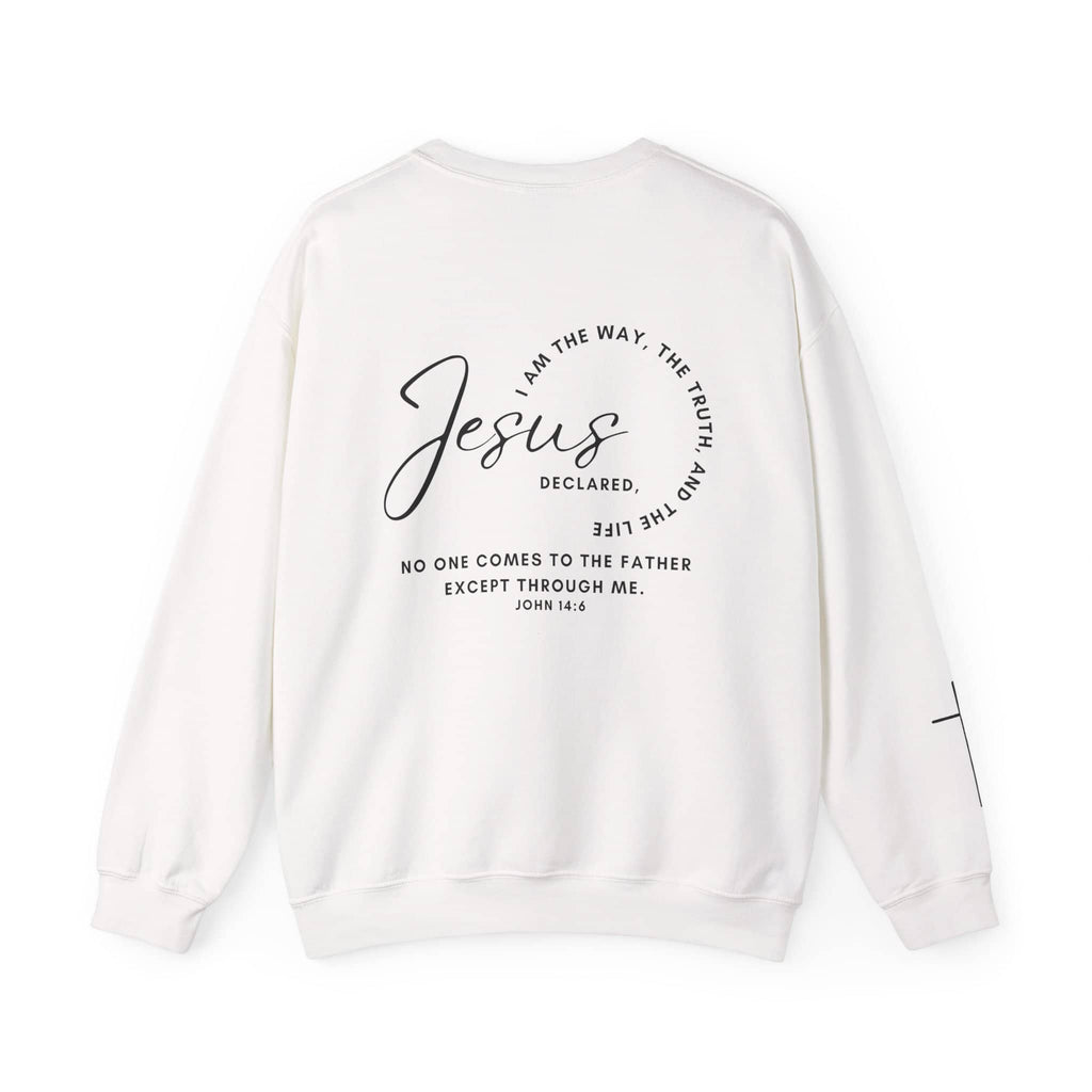 Jesus: the Way, the Truth, the Life sweatshirt in white with scripture print on the back.