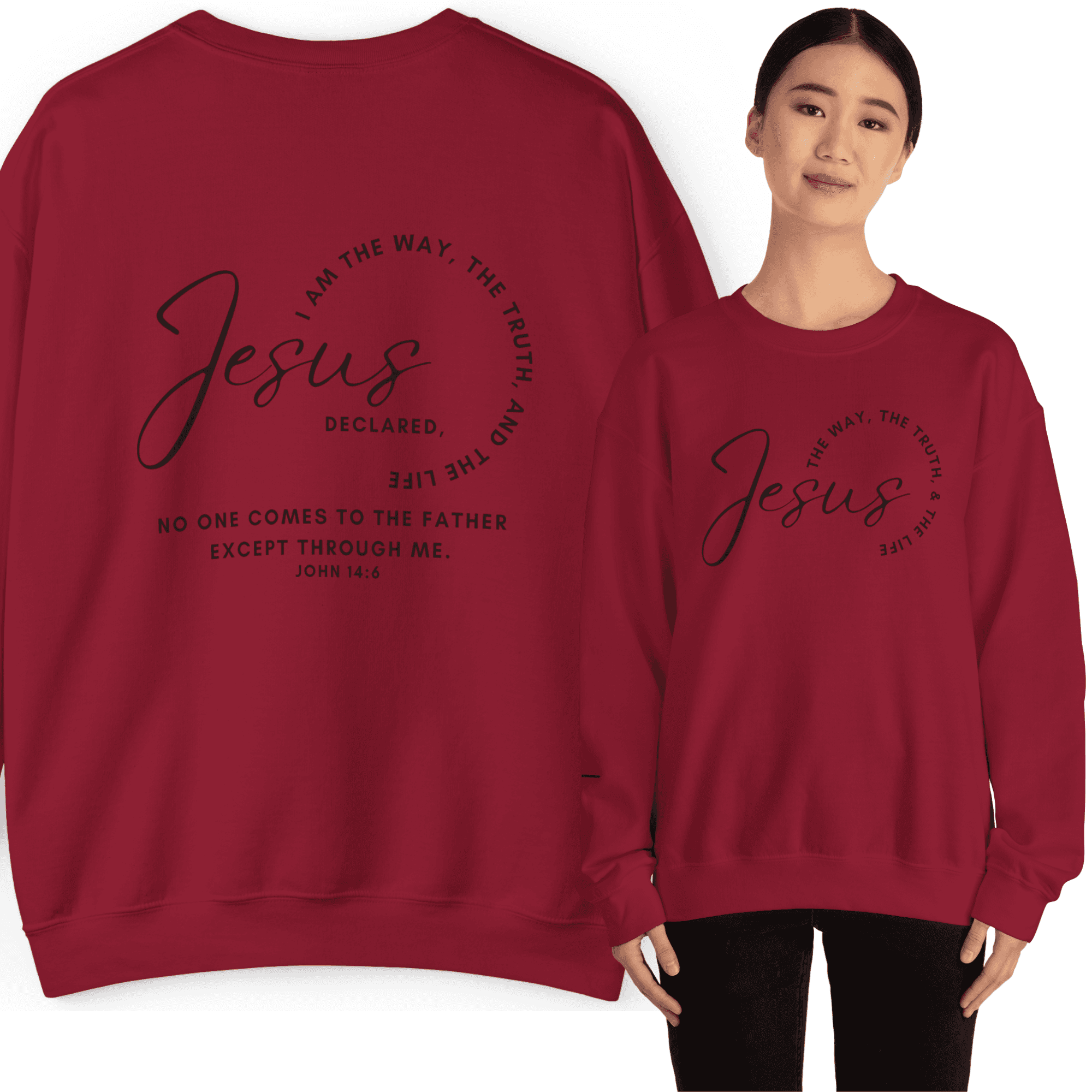 Maroon Jesus: the Way, the Truth, the Life sweatshirt with inspirational text and comfortable fit
