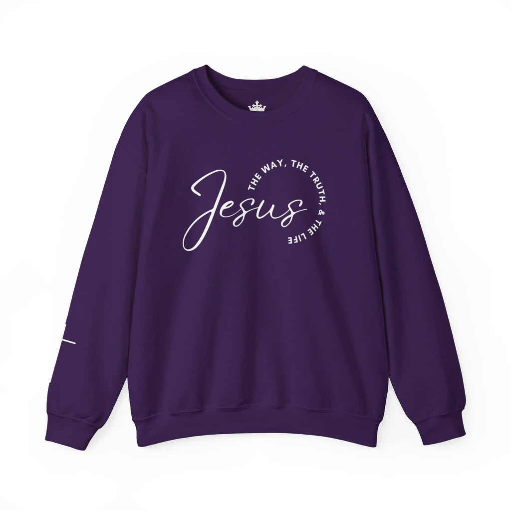 Purple Jesus: the Way, the Truth, the Life sweatshirt with elegant white lettering for a stylish faith statement