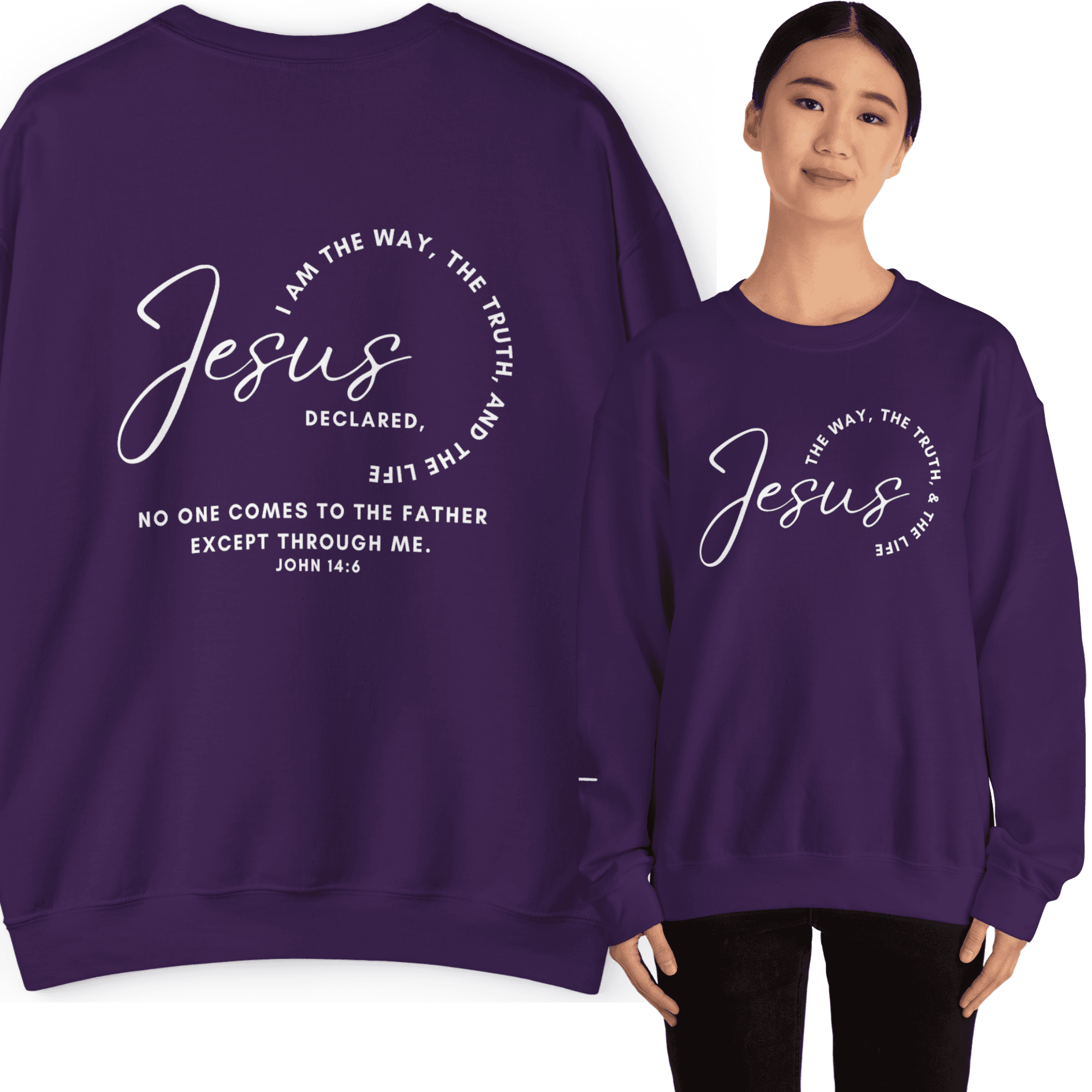 Jesus: the Way, the Truth, the Life sweatshirt in purple with inspirational text design on the back