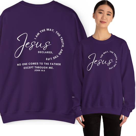 Jesus: the Way, the Truth, the Life sweatshirt in purple with inspirational text design on the back