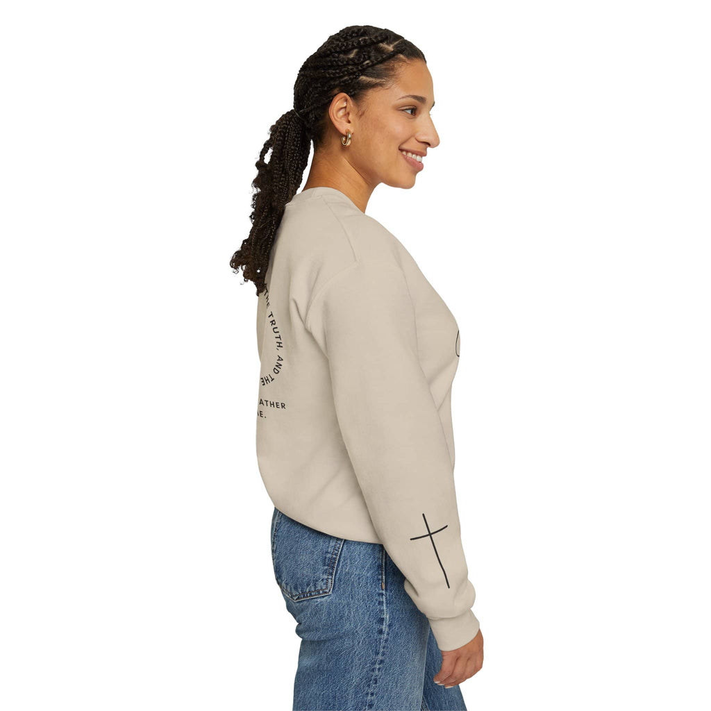 Jesus: the Way, the Truth, the Life sweatshirt in beige with cross design and comfortable fit