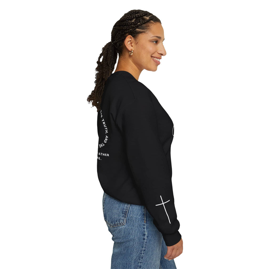 Jesus: the Way, the Truth, the Life sweatshirt in black with a cross design and comfortable fit