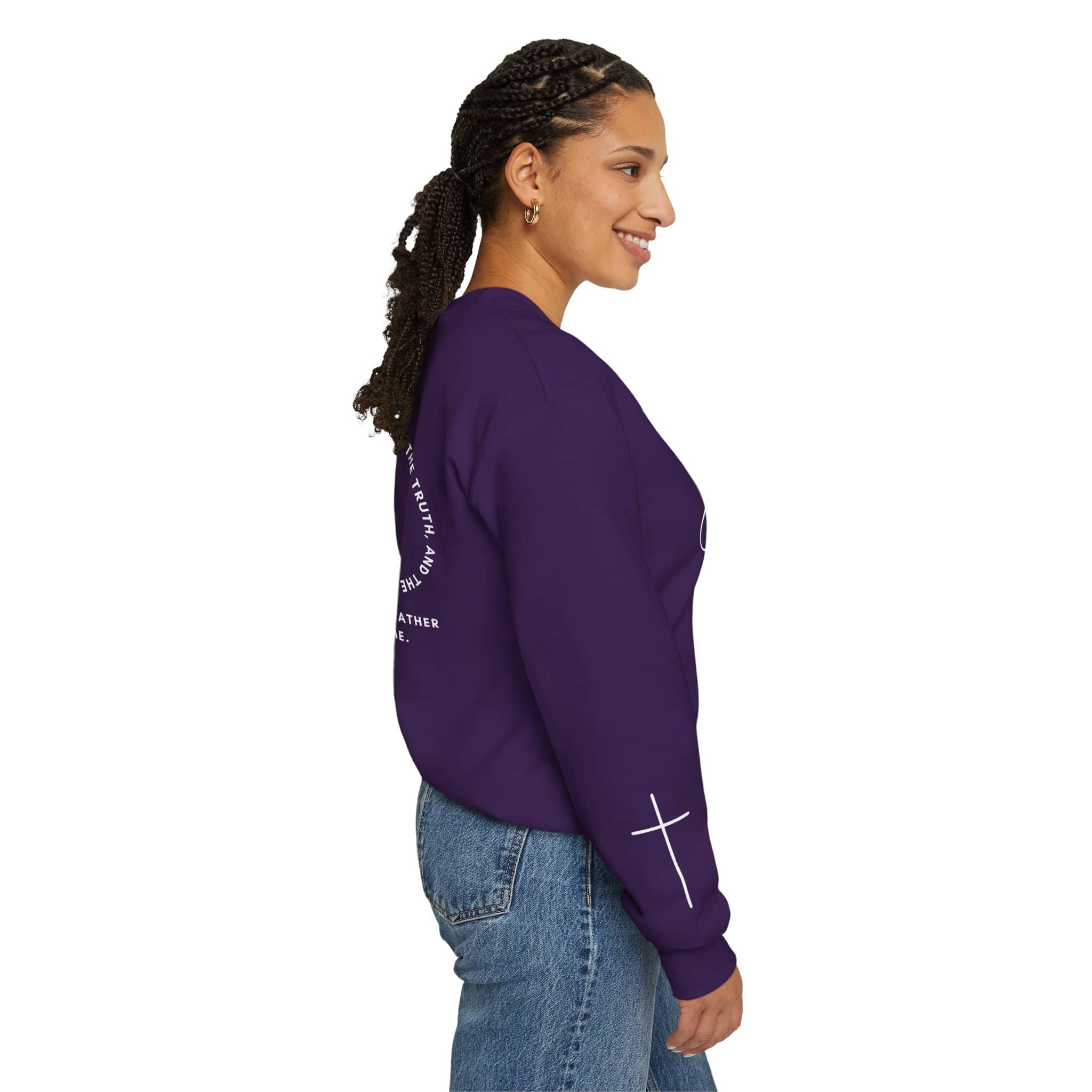 Purple Jesus: the Way, the Truth, the Life sweatshirt featuring Christian-themed graphics