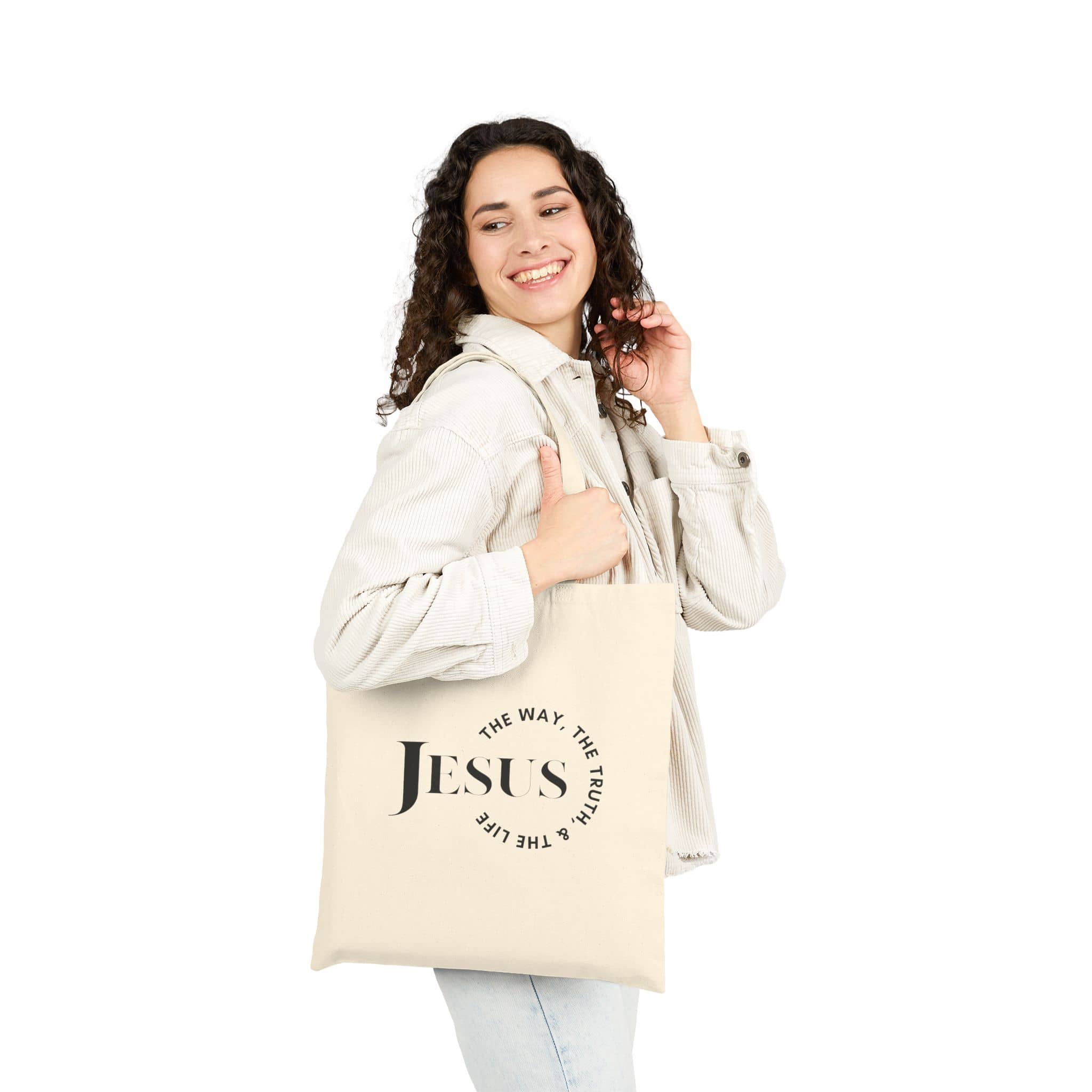 Canvas tote bag with 'Jesus The Way, The Truth, The Life' in black on a natural background, shown from the front