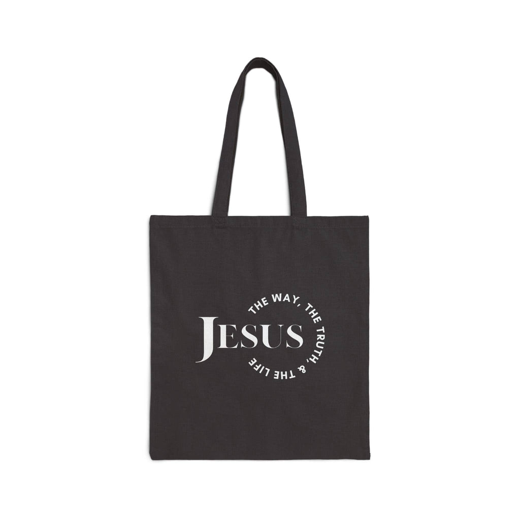 Black tote bag featuring the phrase Jesus The Way, The Truth, The Life