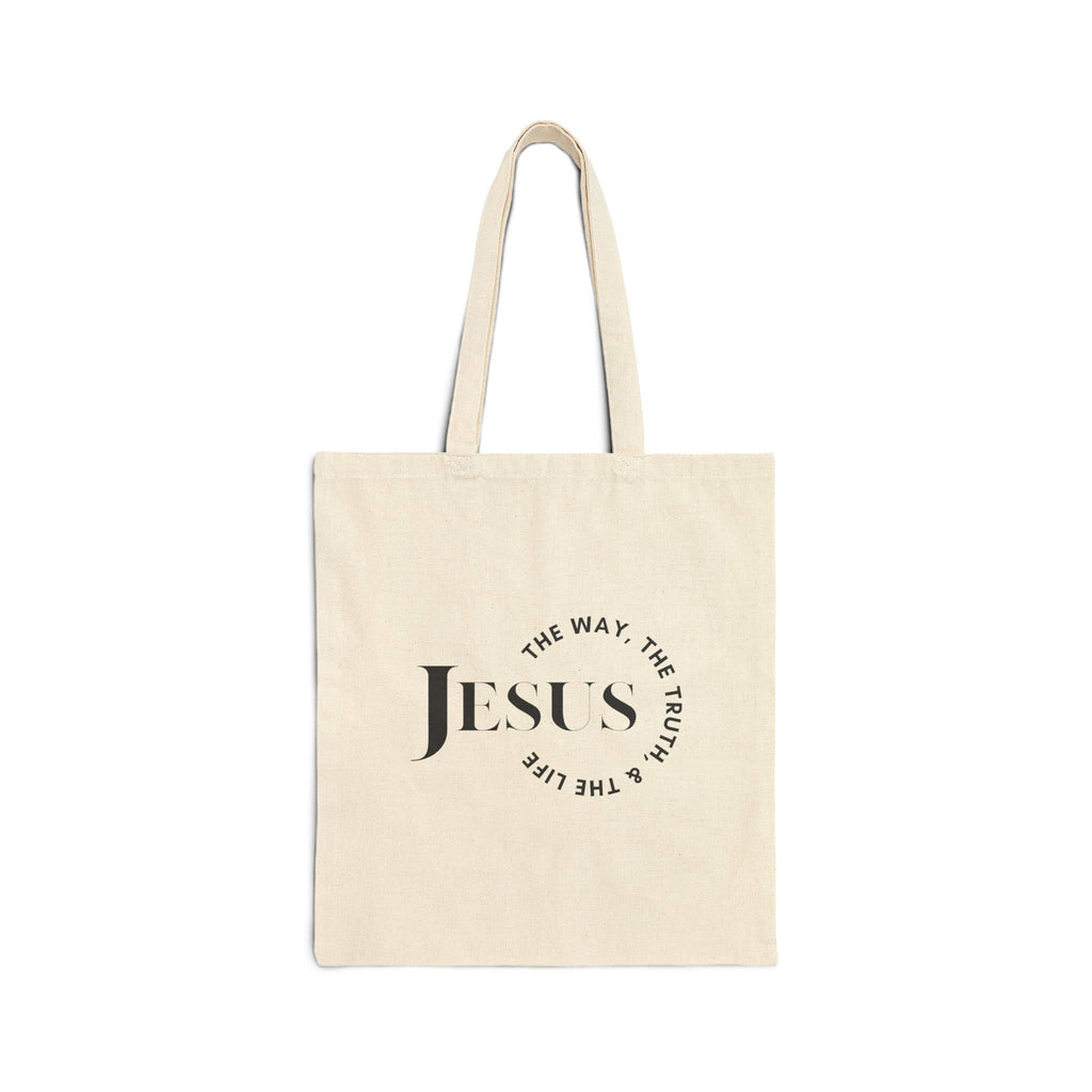Cotton tote bag Jesus The Way, The Truth, The Life in natural color, front view showcasing the text design