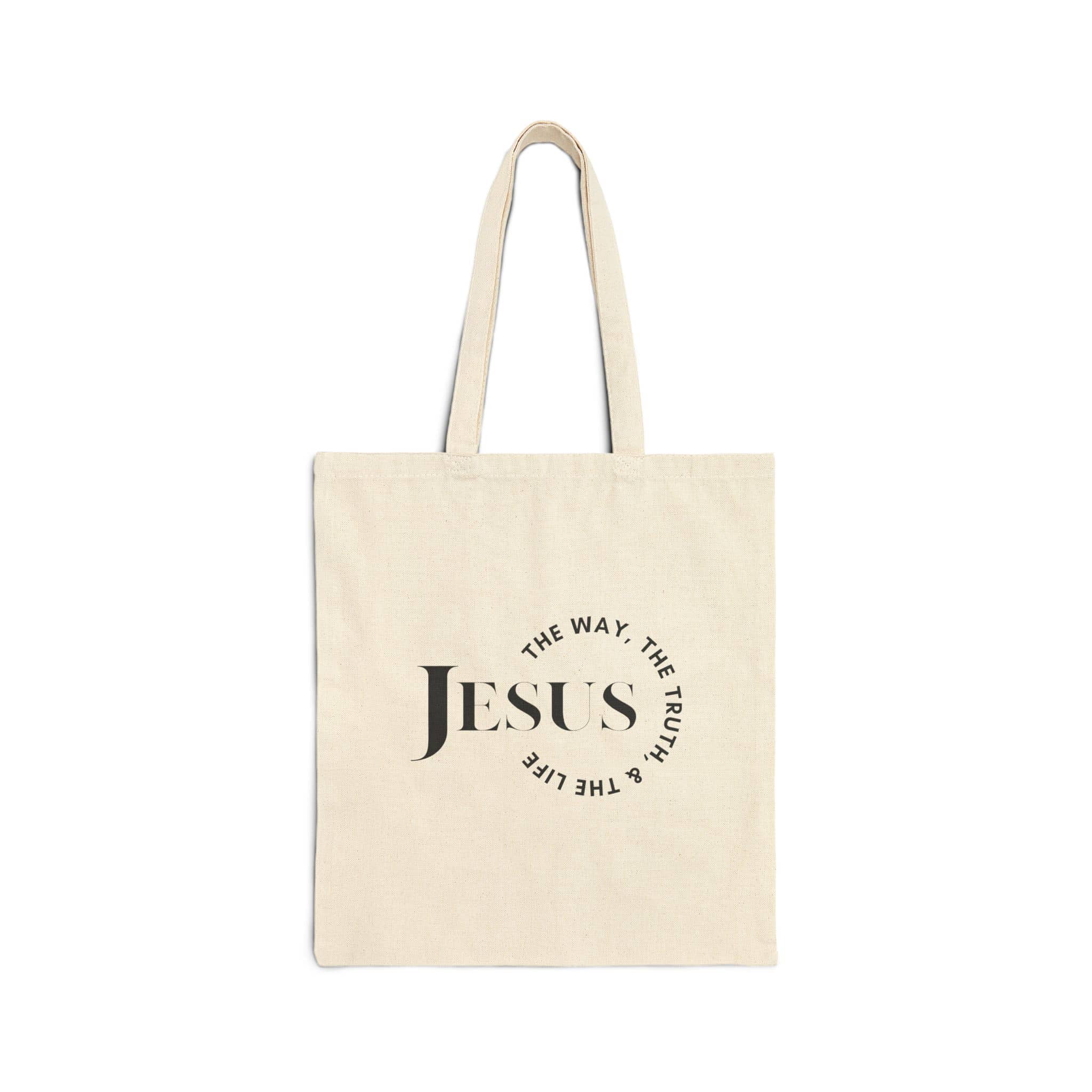 Cotton tote bag Jesus The Way, The Truth, The Life in natural color, front view showcasing the text design