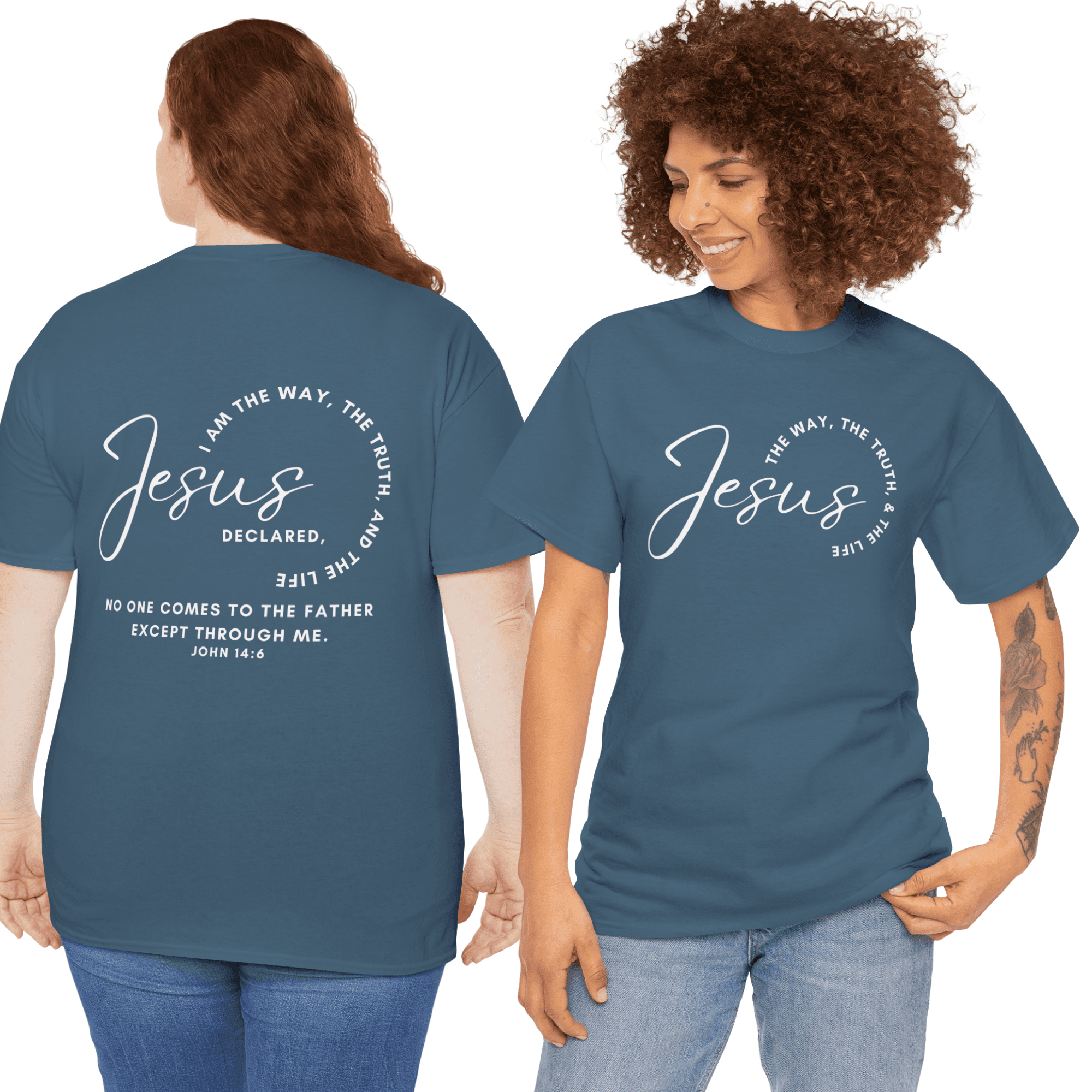 Jesus the Way the Truth the Life t-shirt in blue with biblical text and declaration on the back