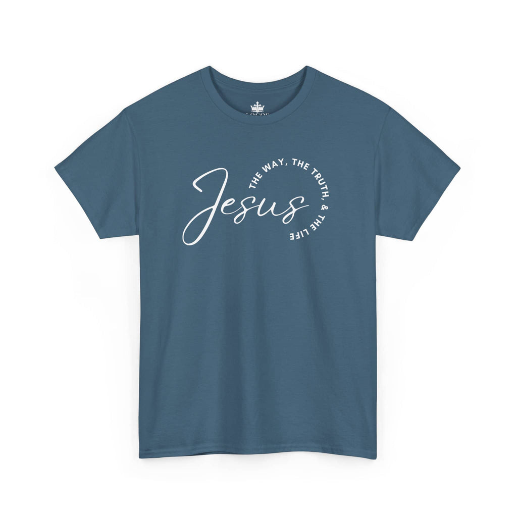Jesus the Way the Truth the Life t-shirt in blue with stylish script design for everyday wear