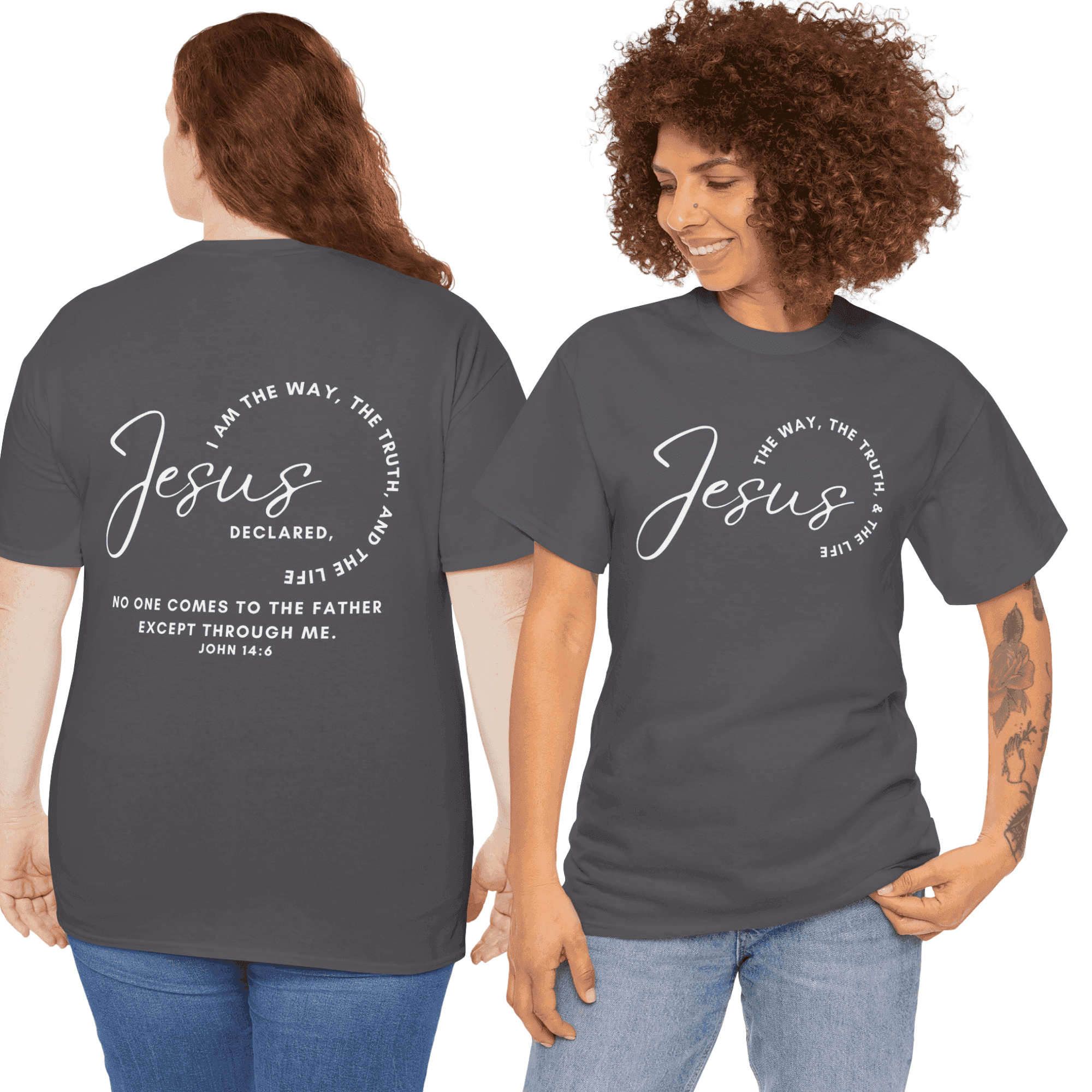 Jesus the Way the Truth the Life t-shirt in gray with inspirational text on front and back