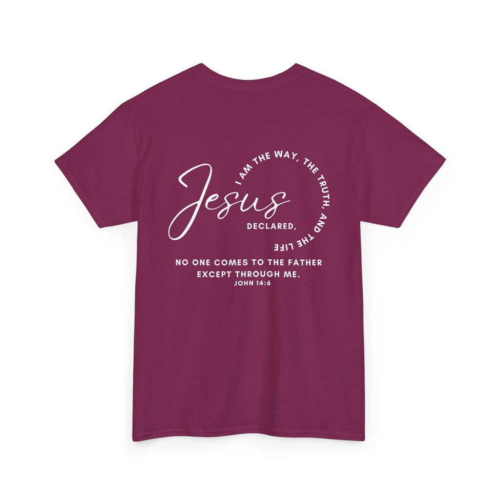 Jesus the Way the Truth the Life t-shirt in maroon with inspirational quote and Bible verse