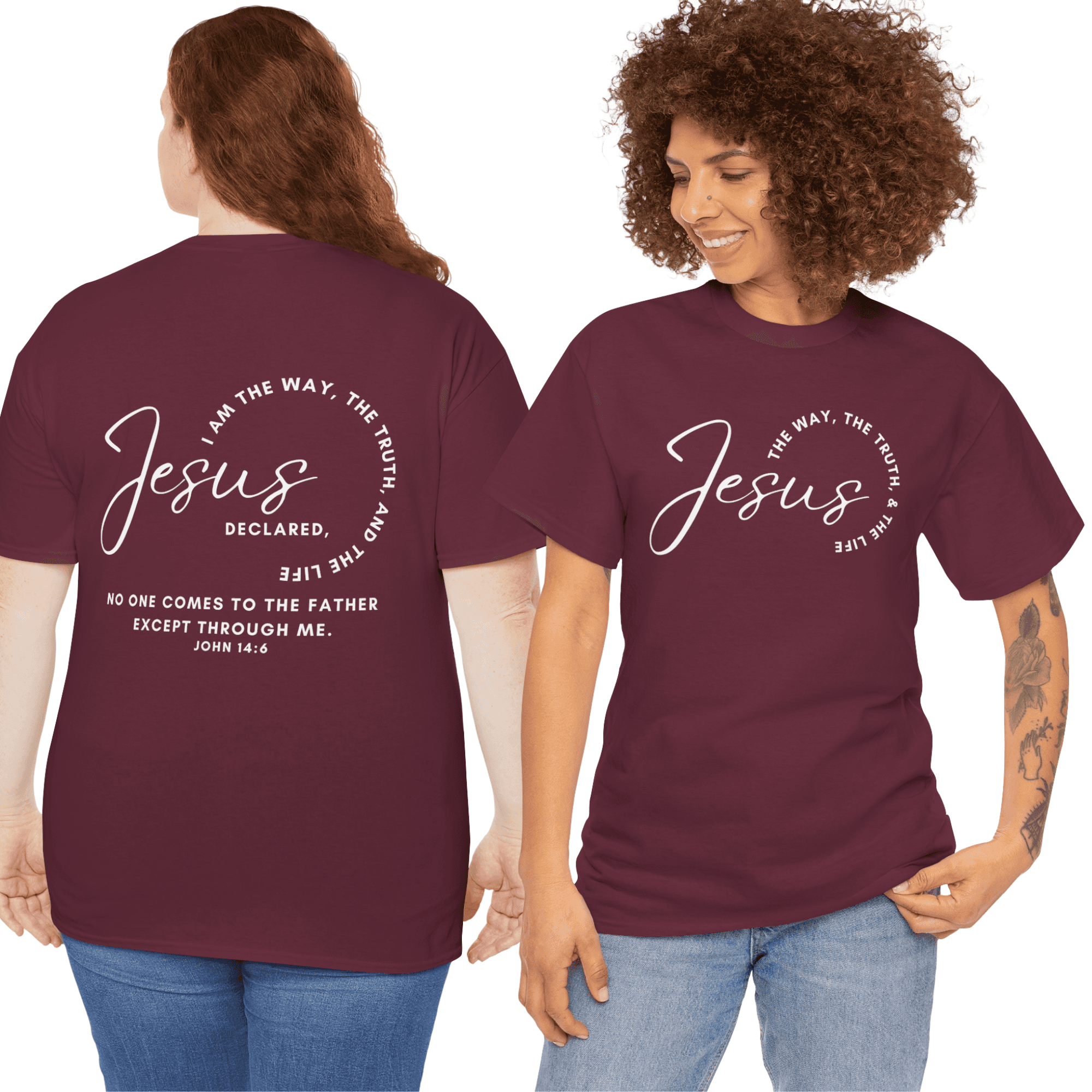 Jesus the Way the Truth the Life t-shirt in maroon featuring a biblical quote on the back