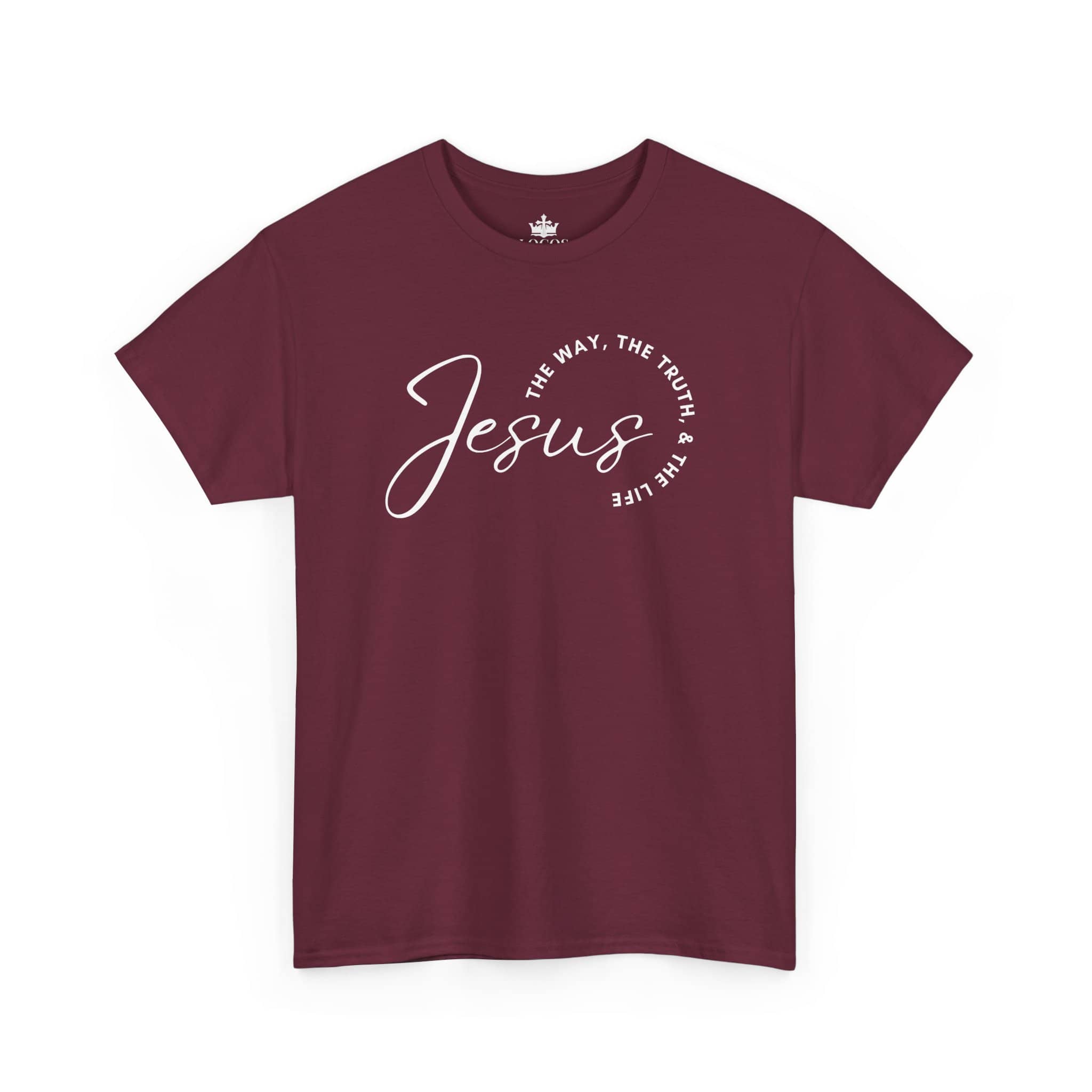 Maroon Jesus the Way the Truth the Life t-shirt with stylish white lettering for everyday wear