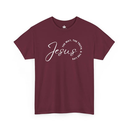 Maroon Jesus the Way the Truth the Life t-shirt with stylish white lettering for everyday wear