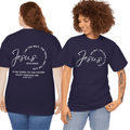 Navy Jesus the Way the Truth the Life t-shirt featuring script text and biblical reference on the back